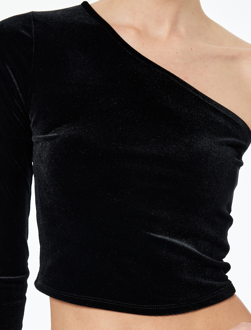 Siyah Kadın Slim Fit Asimetrik Yaka Uzun Kollu Crop Tek Omuz