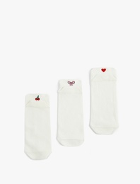 Kiraz Detaylı Kalpli 3'lü Patik Çorap Seti