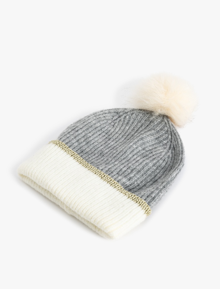 Kadın Örgü Bere Ponponlu Renk Bloklu Katlama Detaylı