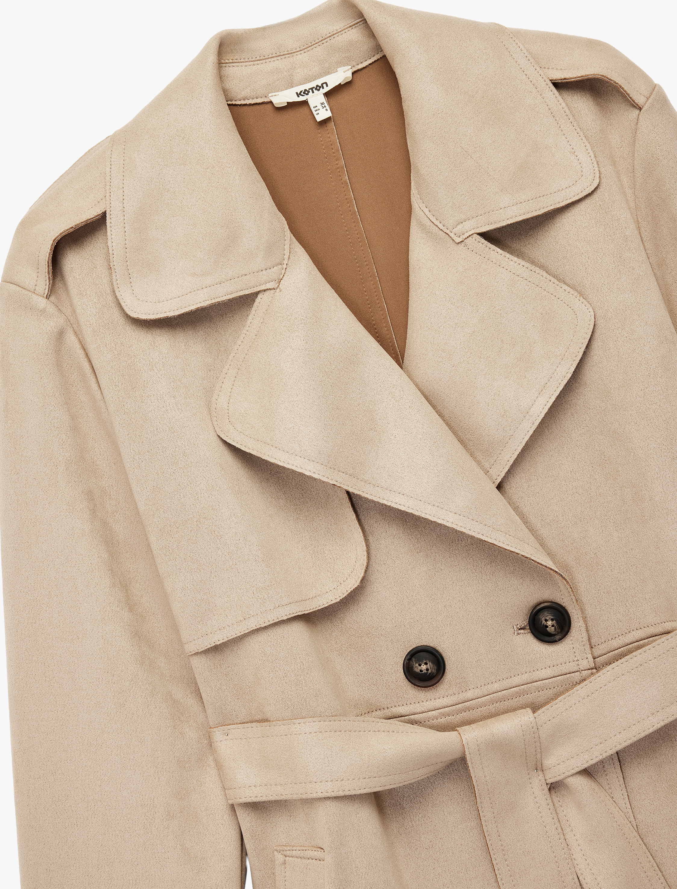   Cepli Düğmeli Uzun Kollu Kruvaze Kemerli Suni Süet Trençkot