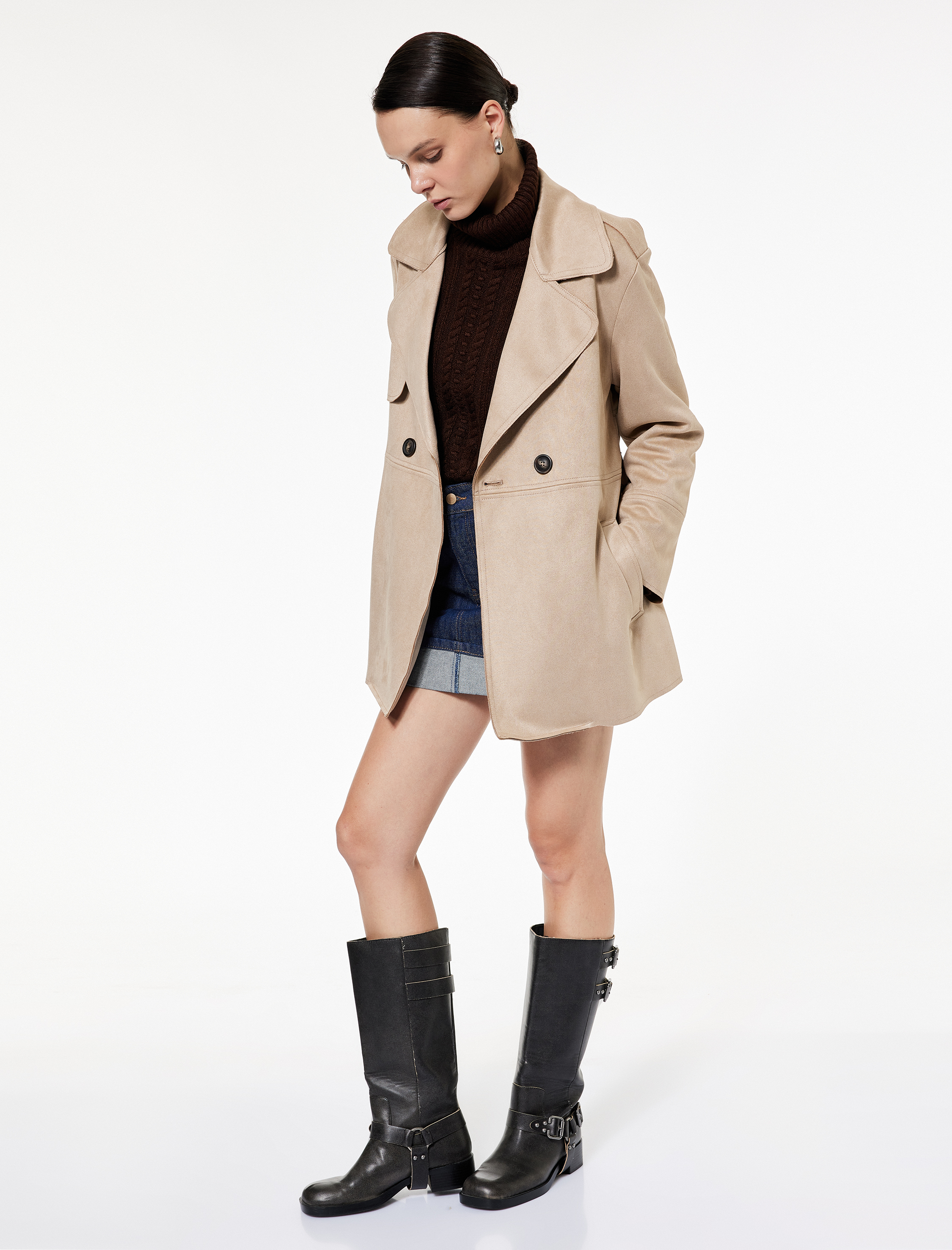   Cepli Düğmeli Uzun Kollu Kruvaze Kemerli Suni Süet Trençkot