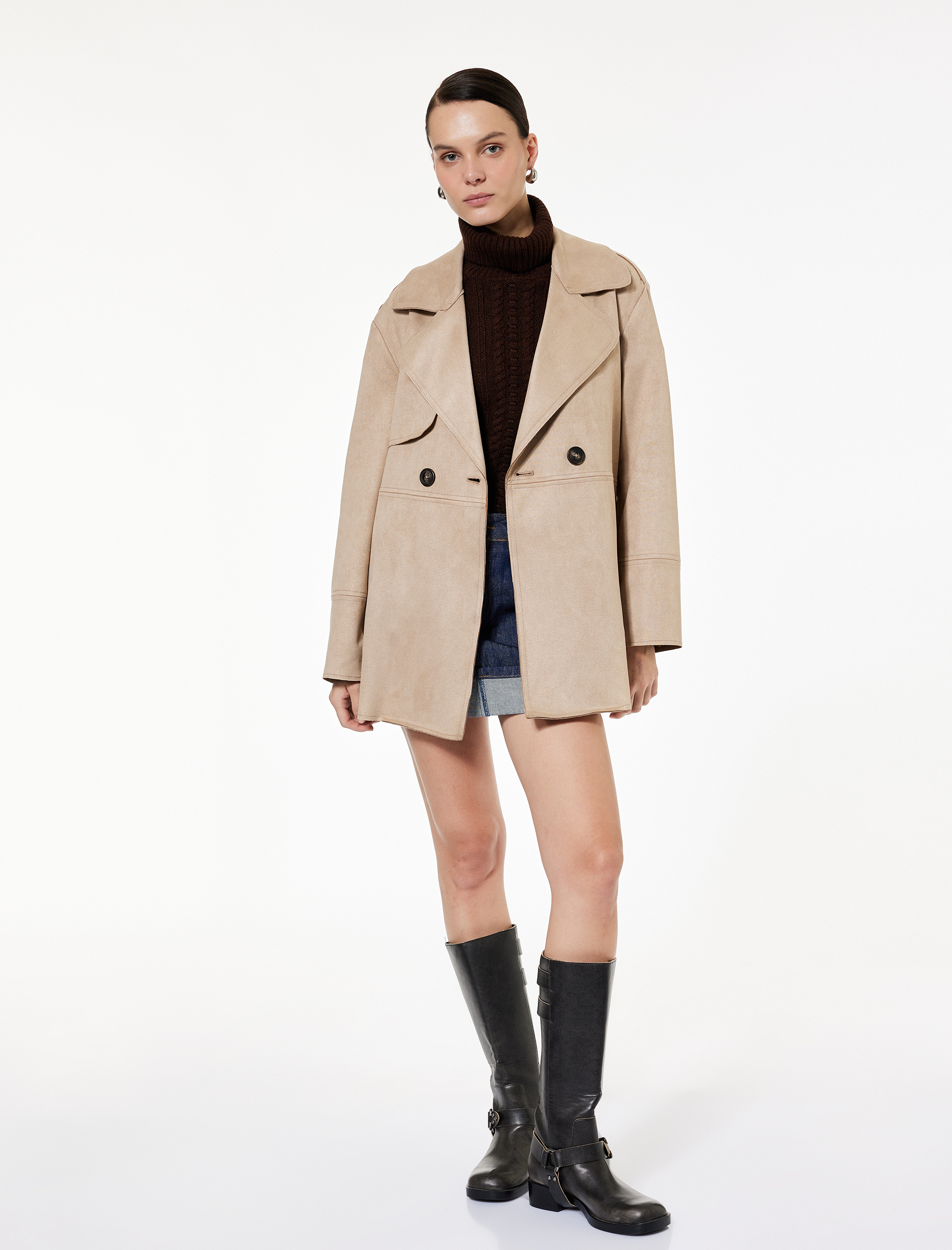   Cepli Düğmeli Uzun Kollu Kruvaze Kemerli Suni Süet Trençkot