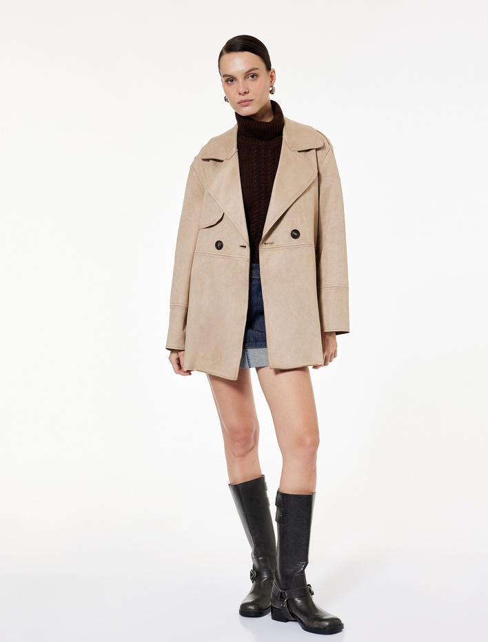  Cepli Düğmeli Uzun Kollu Kruvaze Kemerli Suni Süet Trençkot