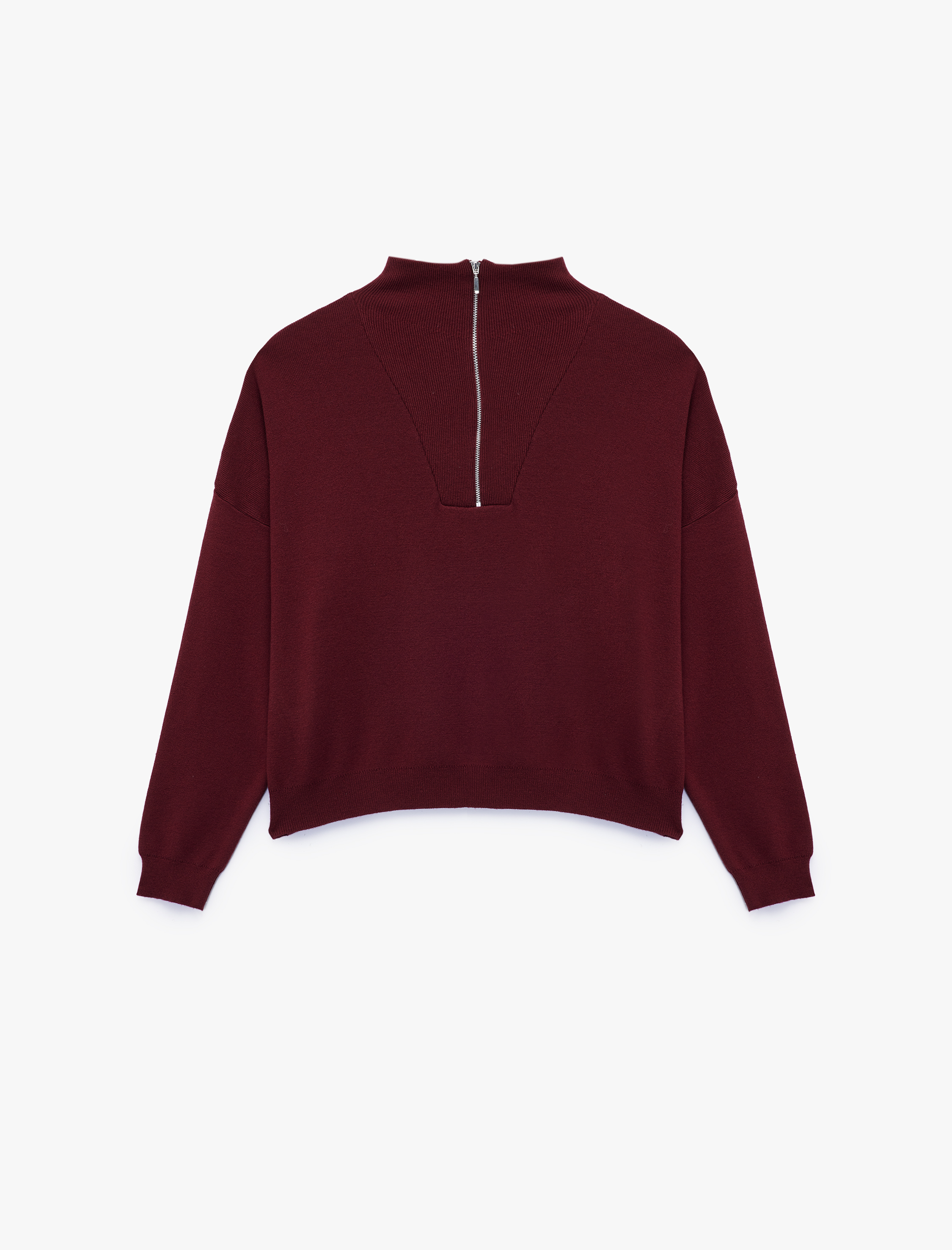   Uzun Kollu Dik Yaka Viskon Karışımlı Yarım Fermuarlı Triko Kazak