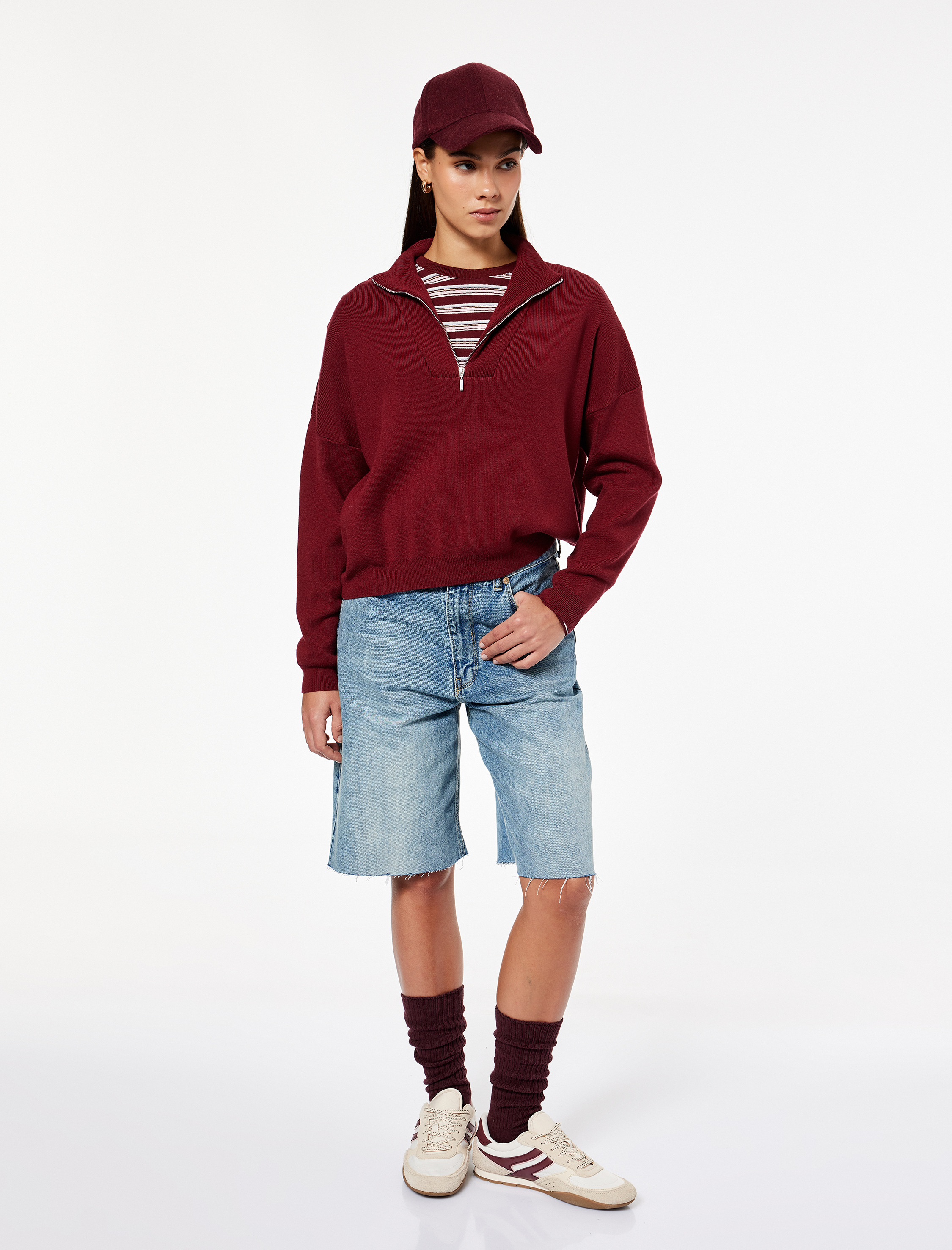   Uzun Kollu Dik Yaka Viskon Karışımlı Yarım Fermuarlı Triko Kazak