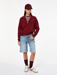 Uzun Kollu Dik Yaka Viskon Karışımlı Yarım Fermuarlı Triko Kazak