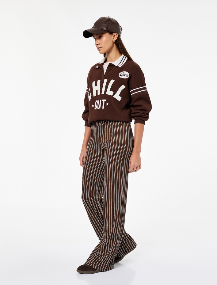  Bürümcük Beli Bağcıklı Yüksek Bel Çizgili Pantolon