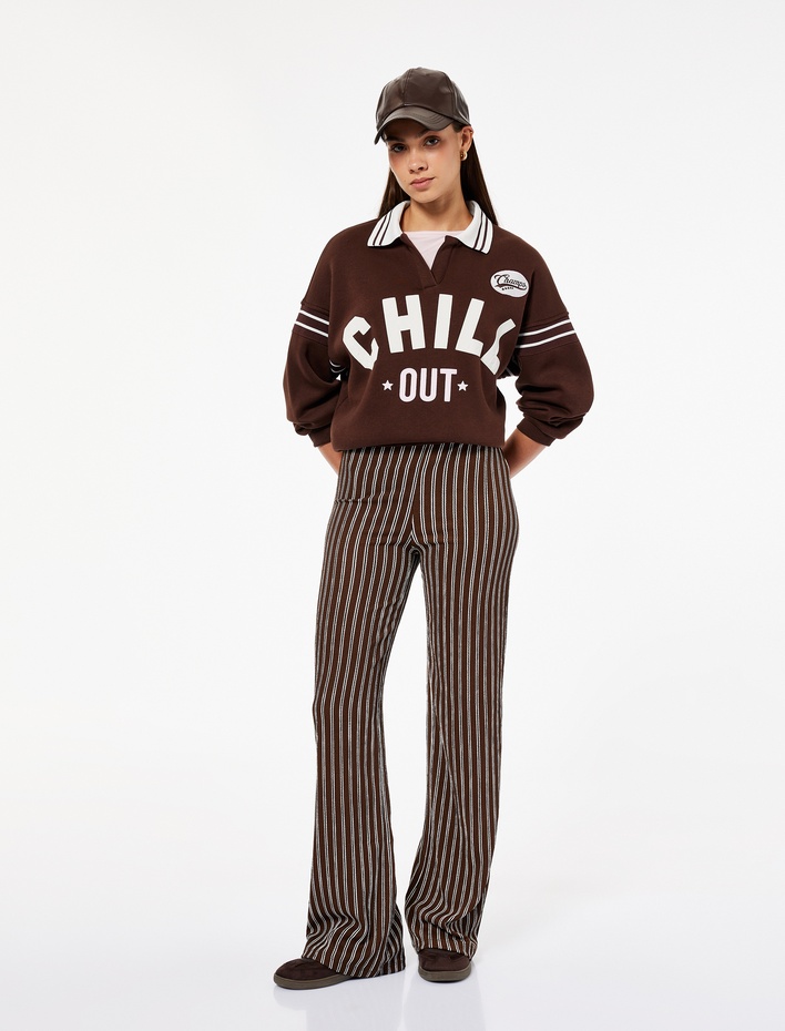  Bürümcük Beli Bağcıklı Yüksek Bel Çizgili Pantolon