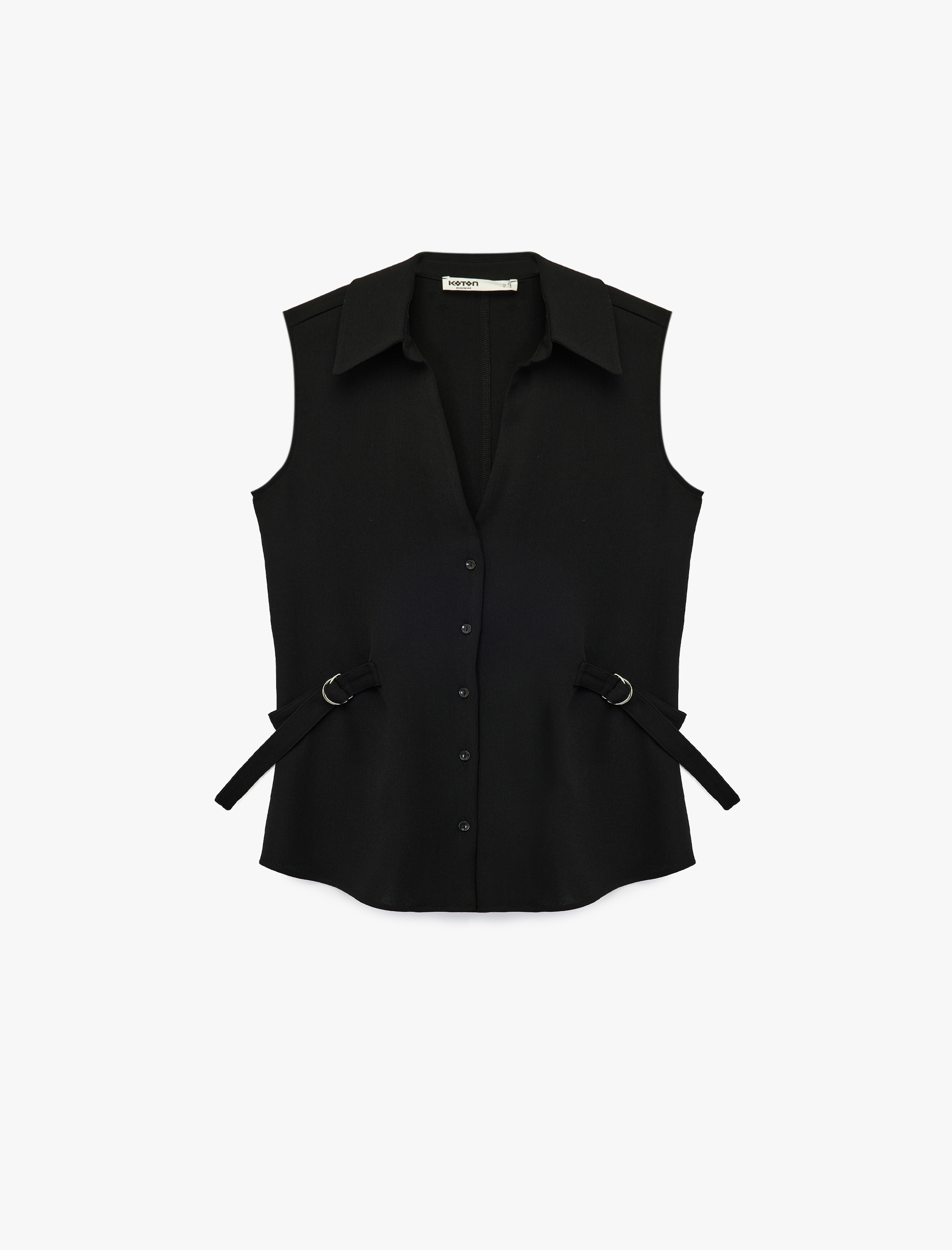   Klasik Yaka Yarım Kemer Detaylı Krep Kolsuz Gömlek