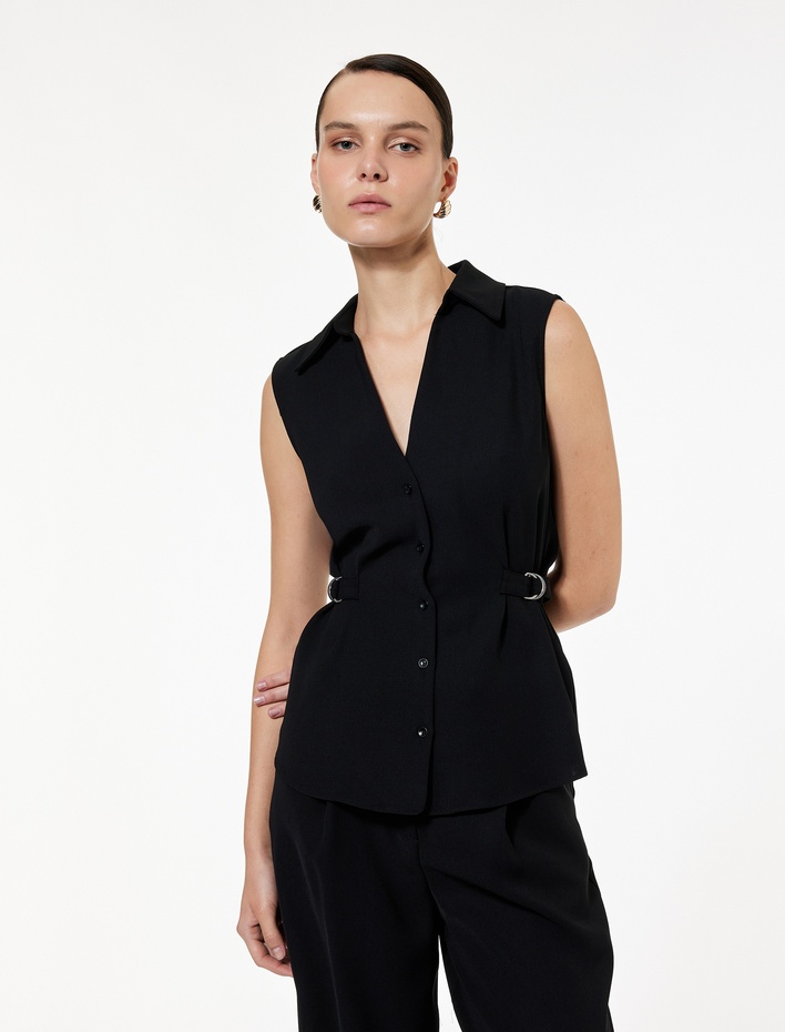  Klasik Yaka Yarım Kemer Detaylı Krep Kolsuz Gömlek