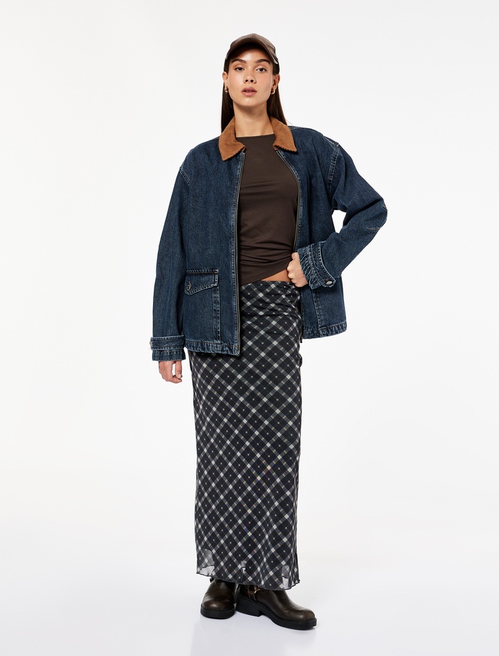  Uzun Kollu Kadife Yaka Detaylı Cepli Fermuarlı Denim Ceket