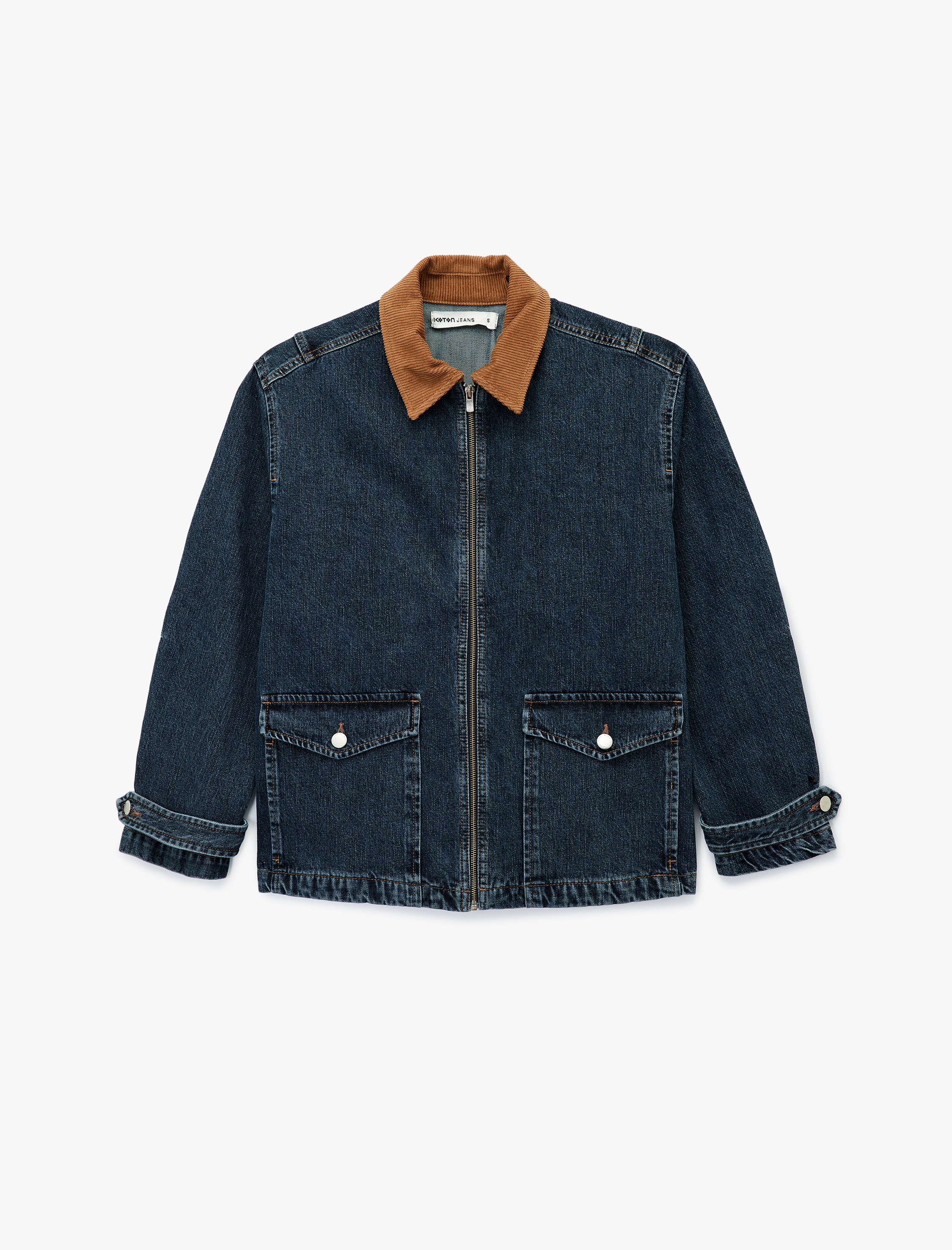   Uzun Kollu Kadife Yaka Detaylı Cepli Fermuarlı Denim Ceket