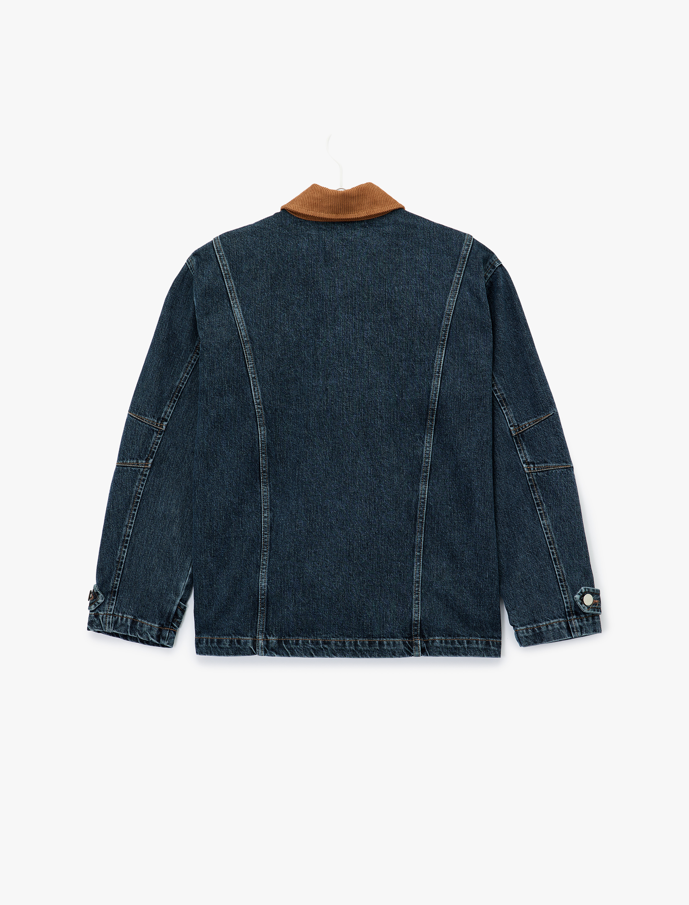   Uzun Kollu Kadife Yaka Detaylı Cepli Fermuarlı Denim Ceket