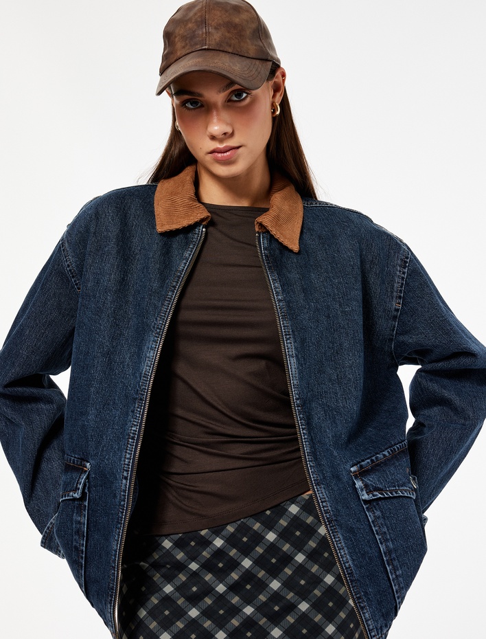  Uzun Kollu Kadife Yaka Detaylı Cepli Fermuarlı Denim Ceket