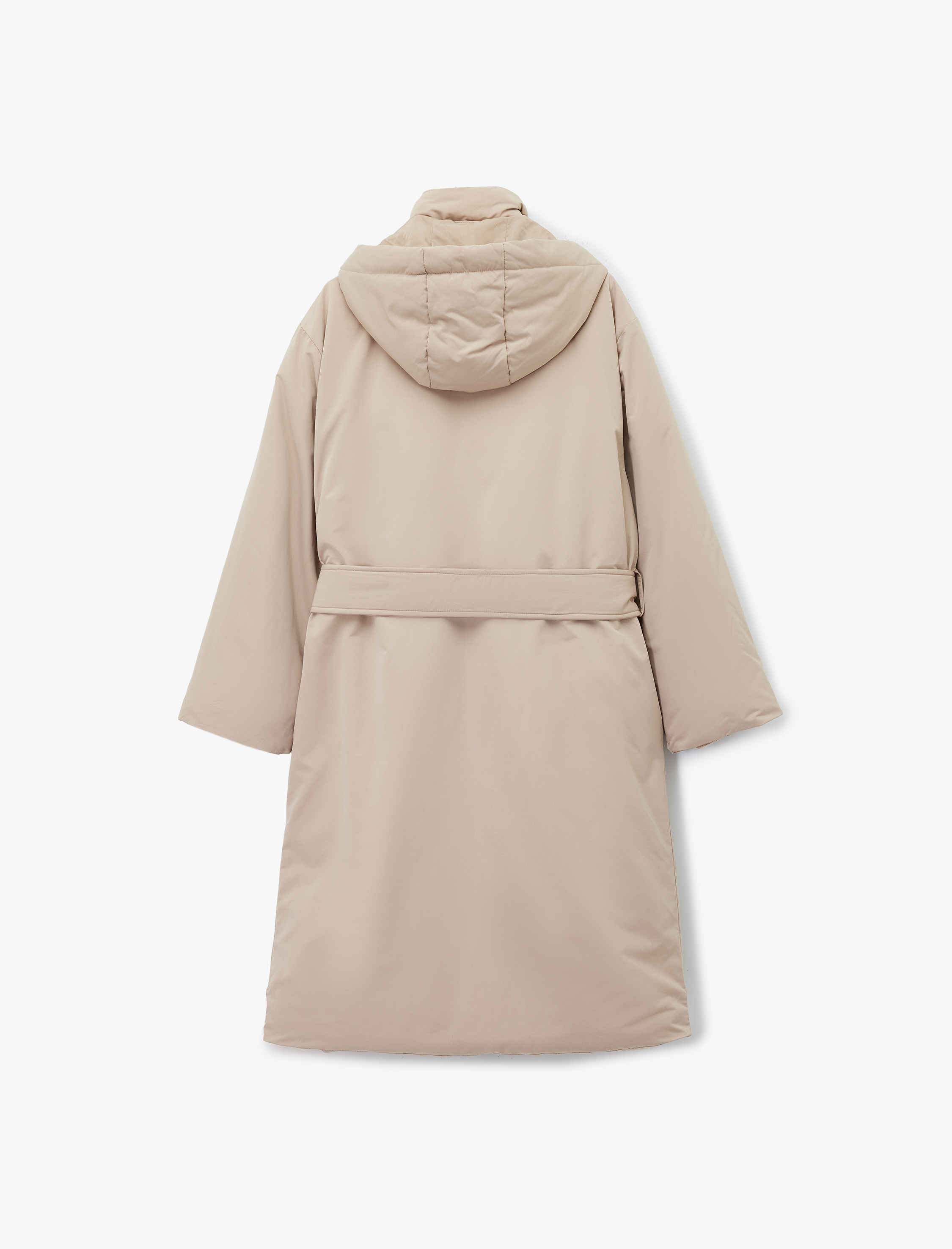   Uzun Kollu Cepli Kemerli Su İtici Kapüşonlu Uzun Anorak Mont