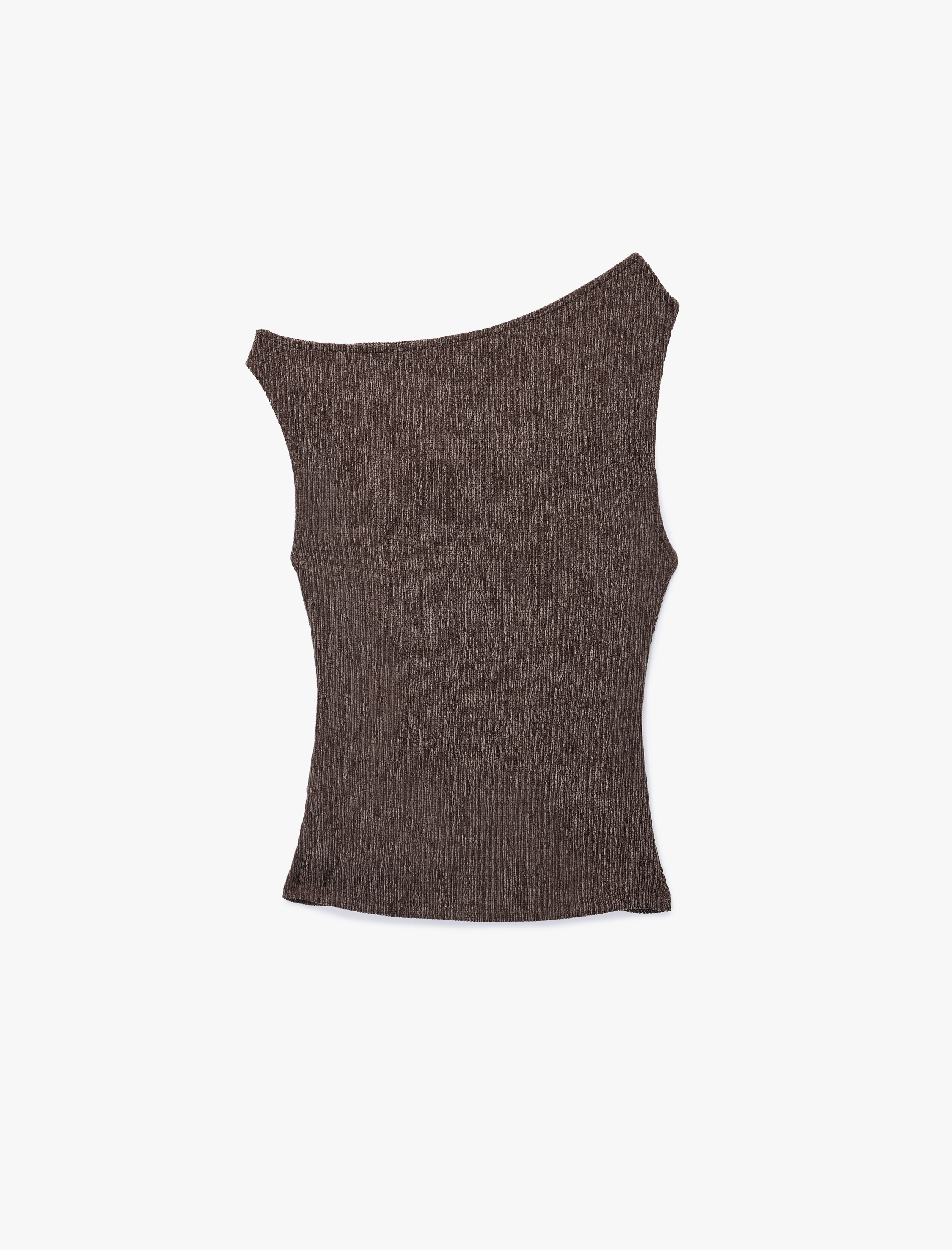   Viskon Karışımlı Drape Detaylı Dokulu Asimetrik Yaka Kolsuz Bluz