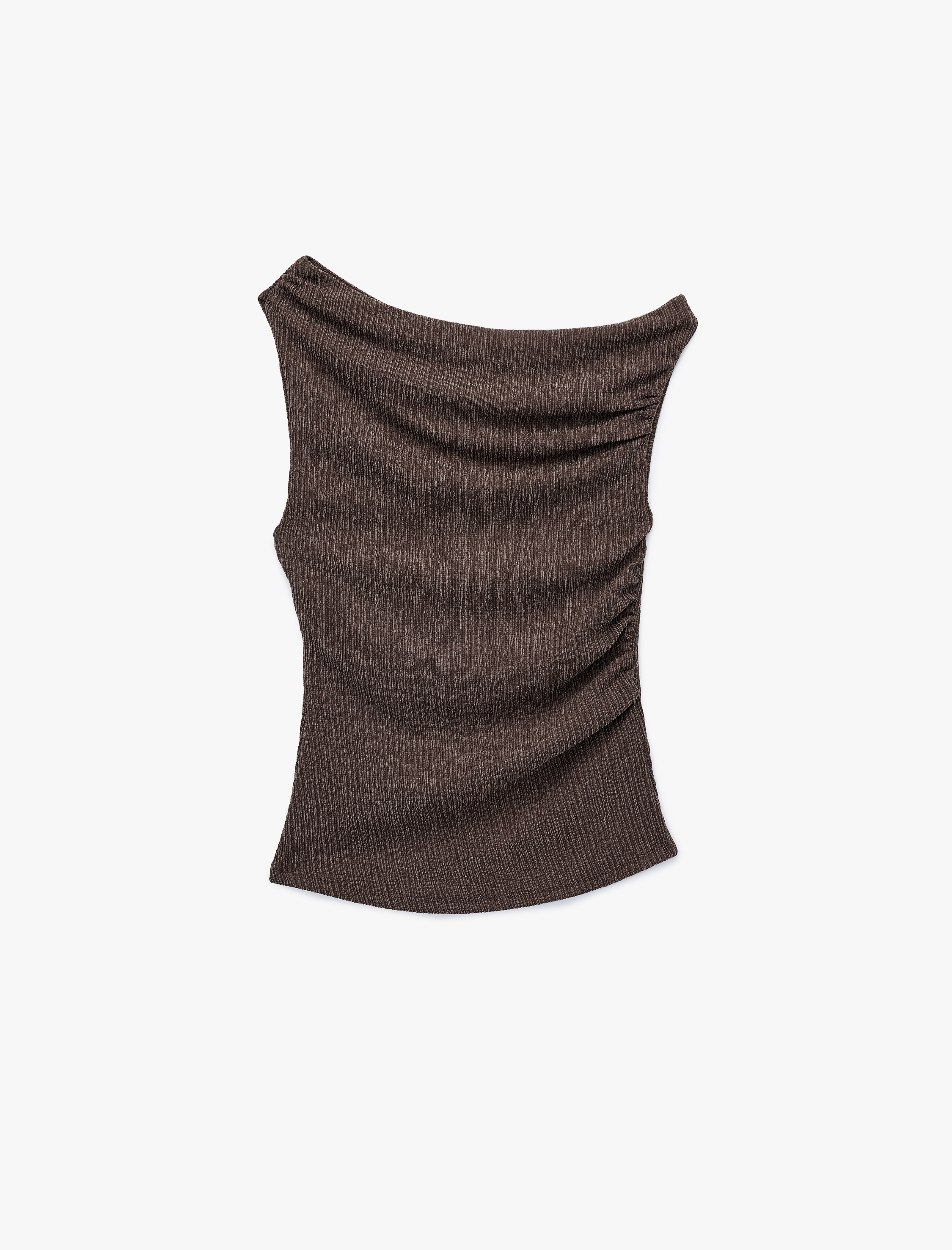   Viskon Karışımlı Drape Detaylı Dokulu Asimetrik Yaka Kolsuz Bluz