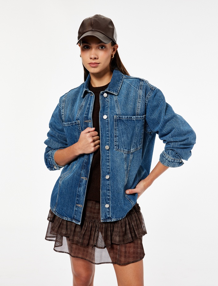  Uzun Kollu Klasik Yaka Pamuklu Cep Detaylı Denim Gömlek