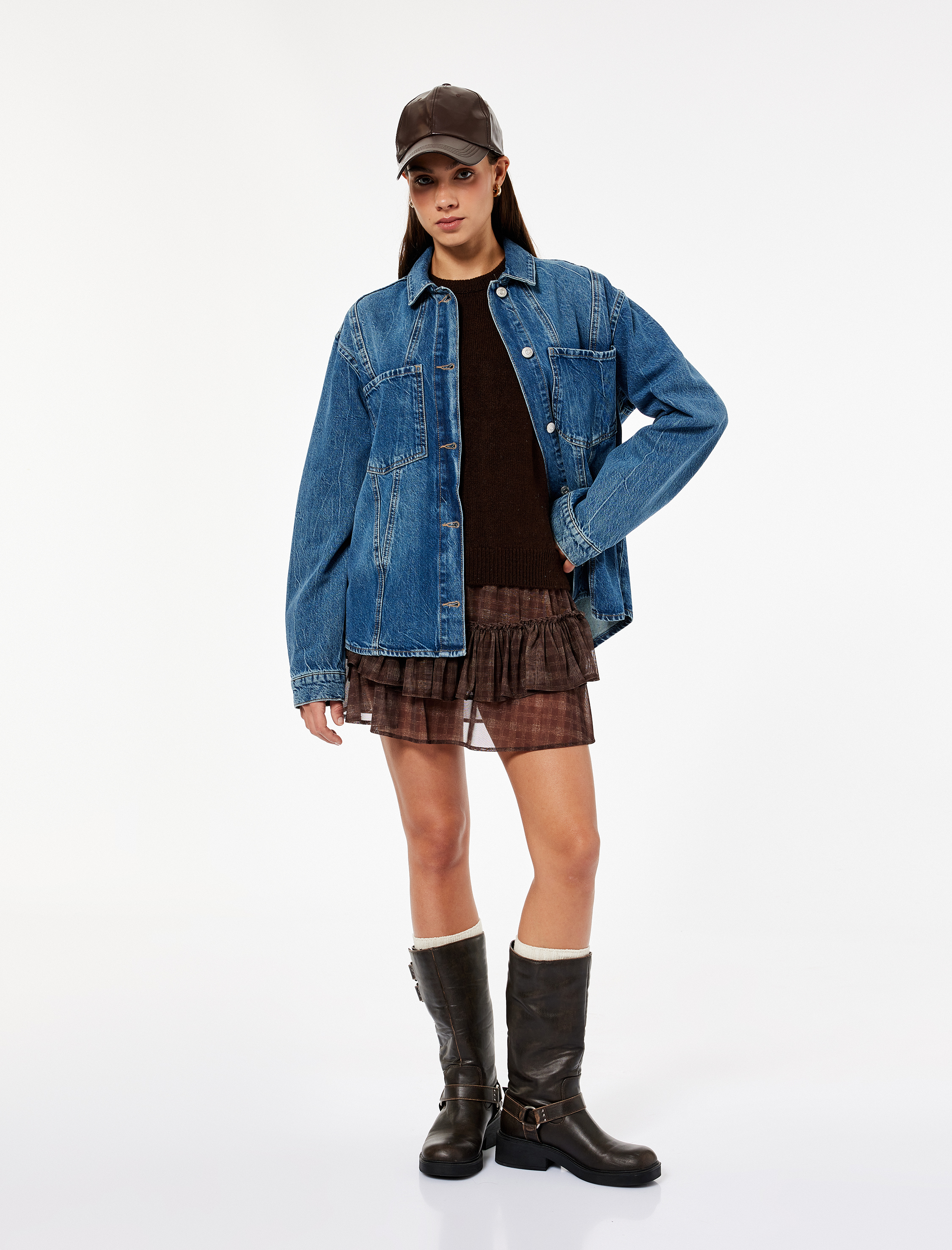   Uzun Kollu Klasik Yaka Pamuklu Cep Detaylı Denim Gömlek