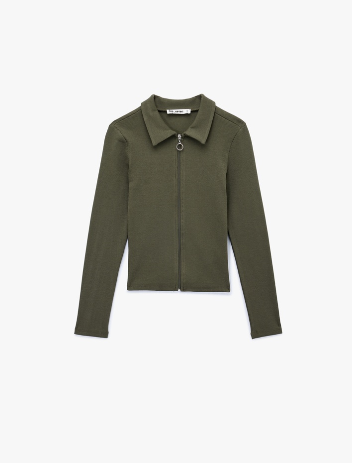  Fermuarlı Slim Fit Gömlek Yaka Kaşkorse Uzun Kollu Tişört