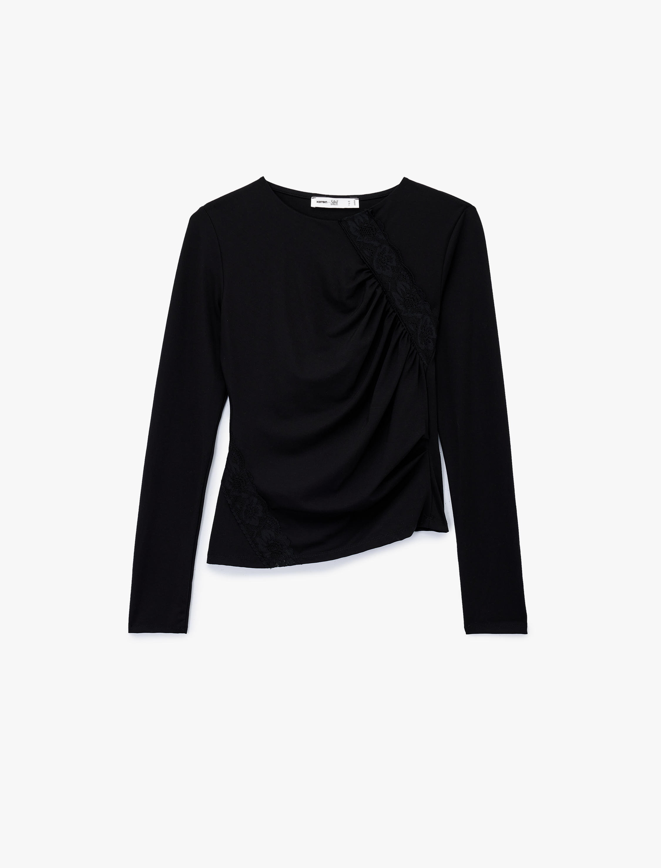 Koton X Sibil Çetinkaya - Slim Fit Dantel Detaylı Drapeli Uzun Kollu Bluz