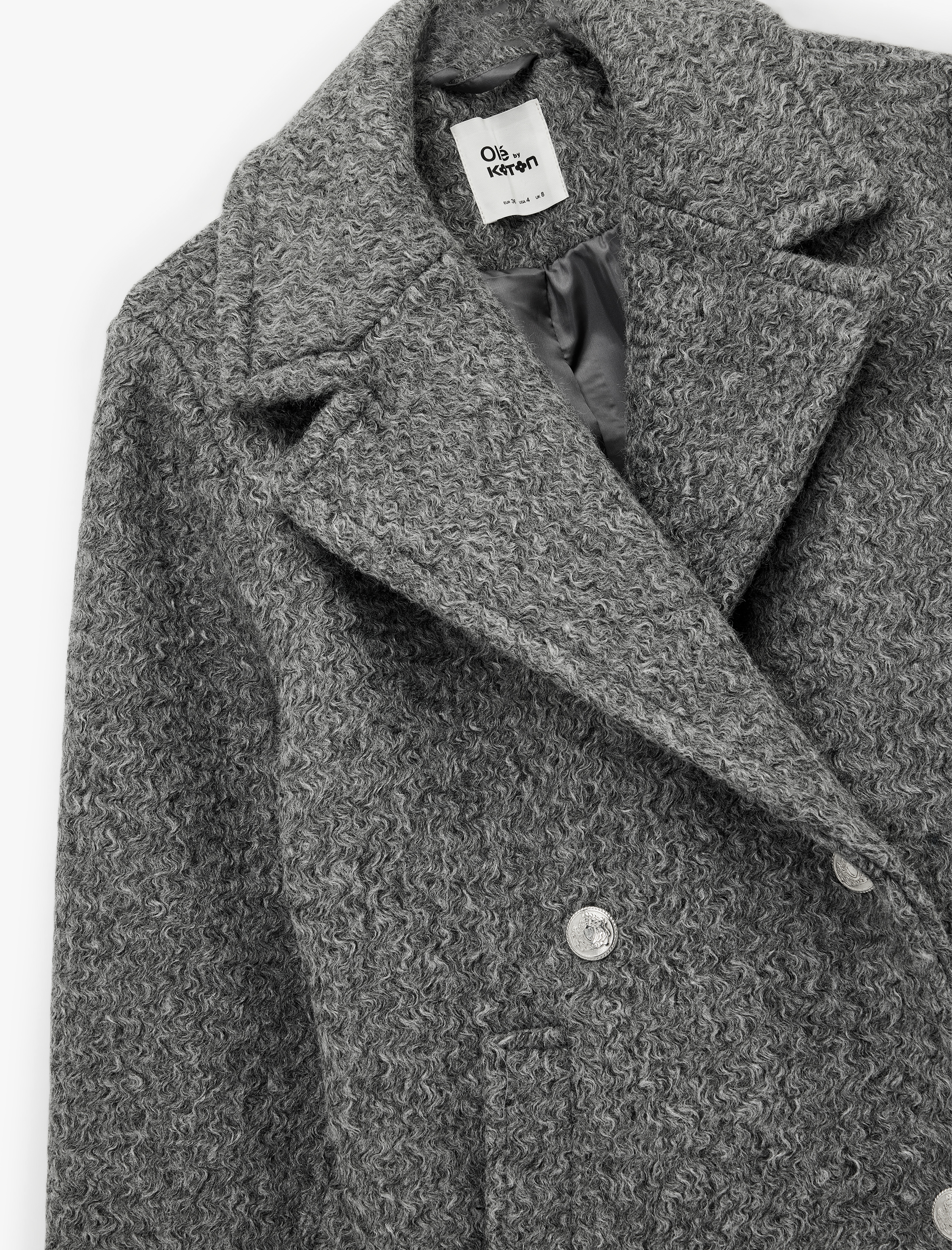   Düğmeli Cep Detaylı Kruvaze Yaka Oversize Buklet Kaban