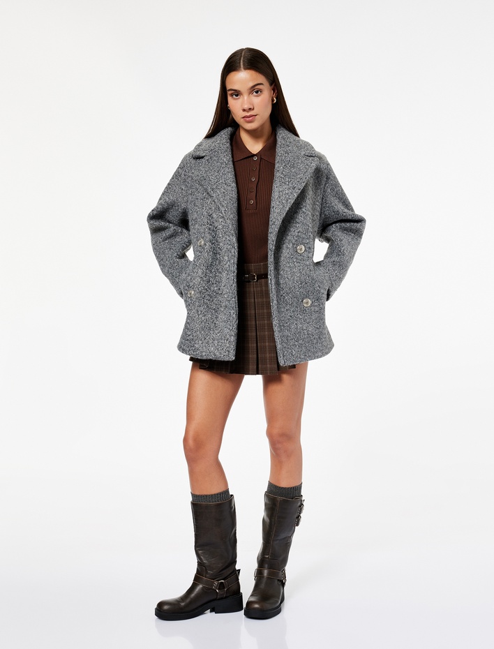  Düğmeli Cep Detaylı Kruvaze Yaka Oversize Buklet Kaban