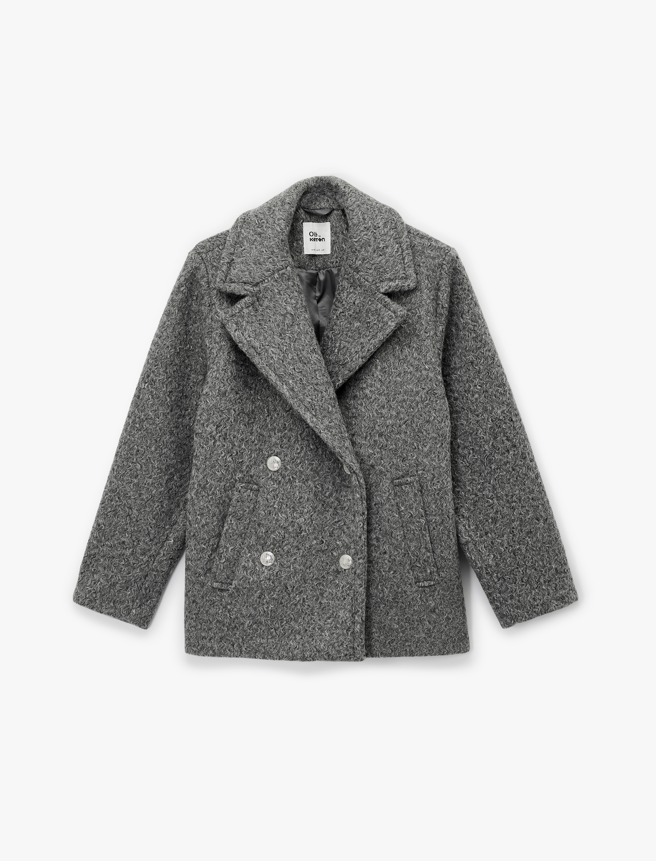   Düğmeli Cep Detaylı Kruvaze Yaka Oversize Buklet Kaban