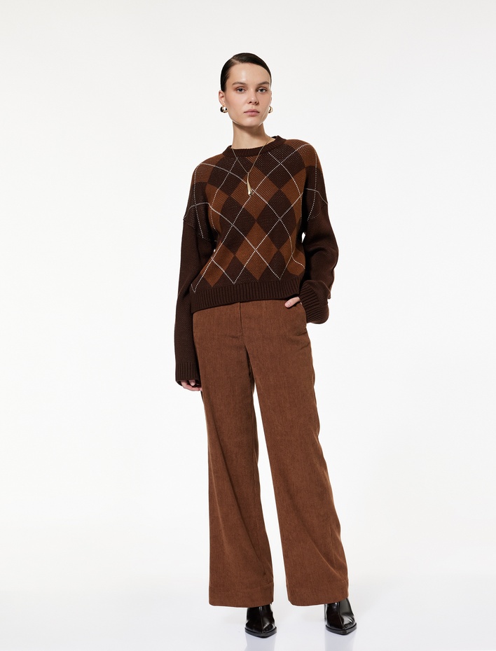  Yüksek Bel Cep Detaylı Geniş Paça Kadife Pantolon