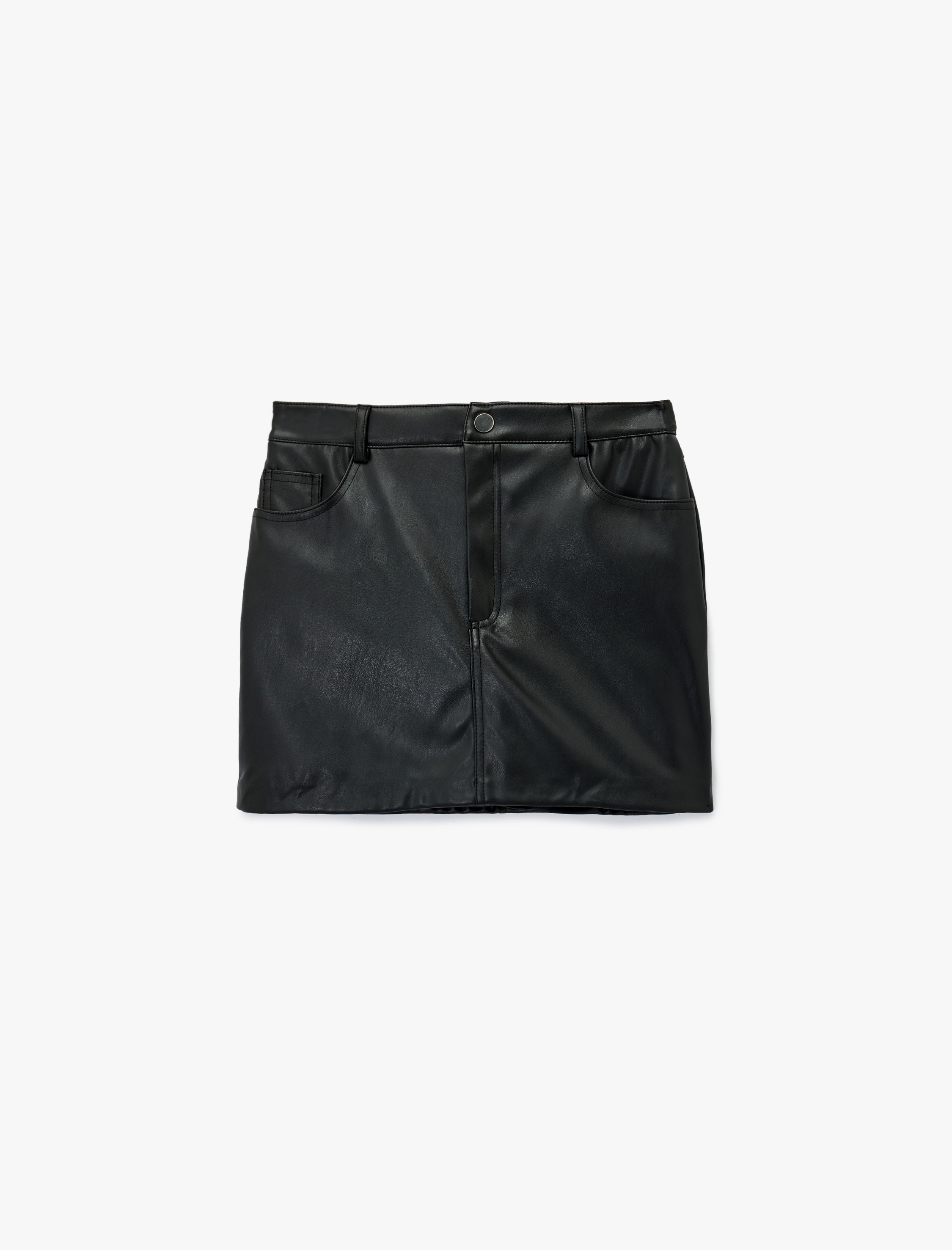   Suni Deri Slim Fit Cep Detaylı Mini Şort Etek