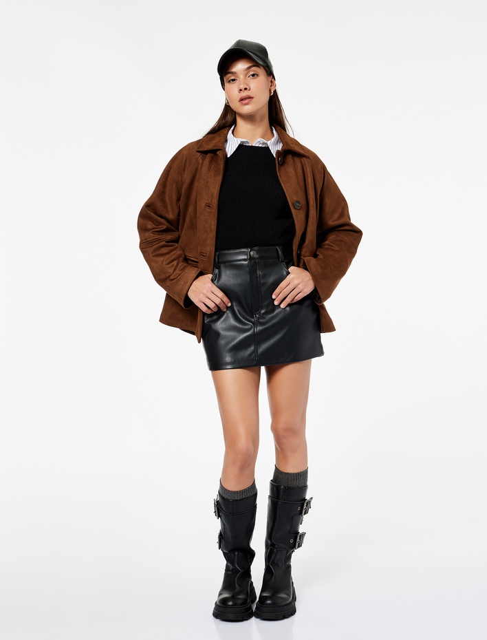  Suni Deri Slim Fit Cep Detaylı Mini Şort Etek