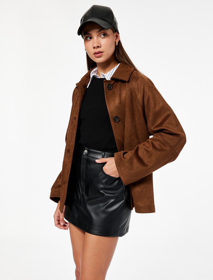  Suni Deri Slim Fit Cep Detaylı Mini Şort Etek