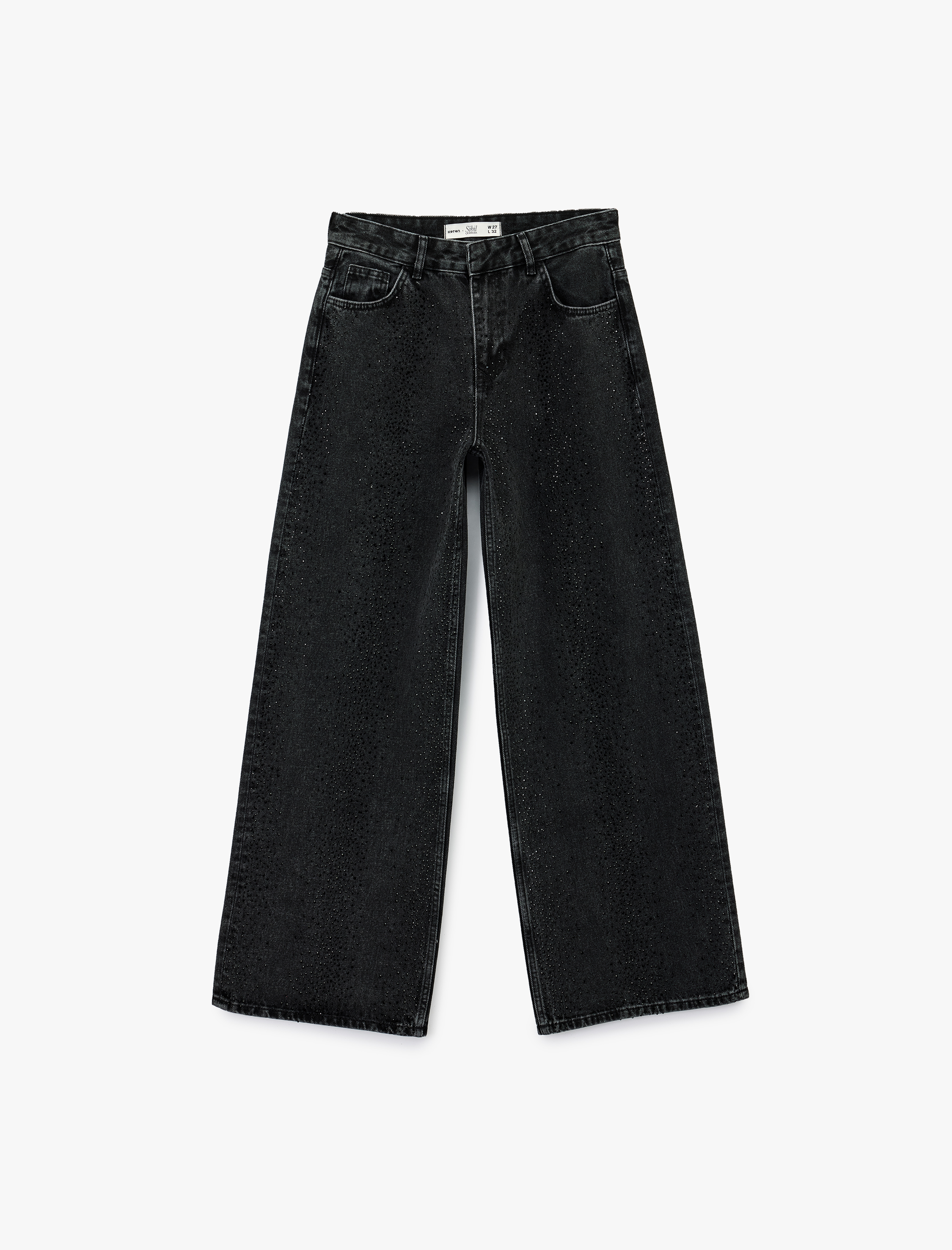 Koton X Sibil Çetinkaya - Taş Detaylı Çıtçıt Düğmeli Bol Paça Jean Pantolon - Loose Straight Fit Jean