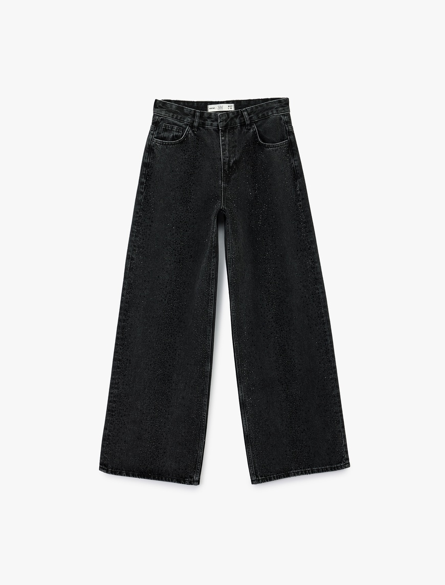   Koton X Sibil Çetinkaya - Taş Detaylı Çıtçıt Düğmeli Bol Paça Jean Pantolon - Loose Straight Fit Jean