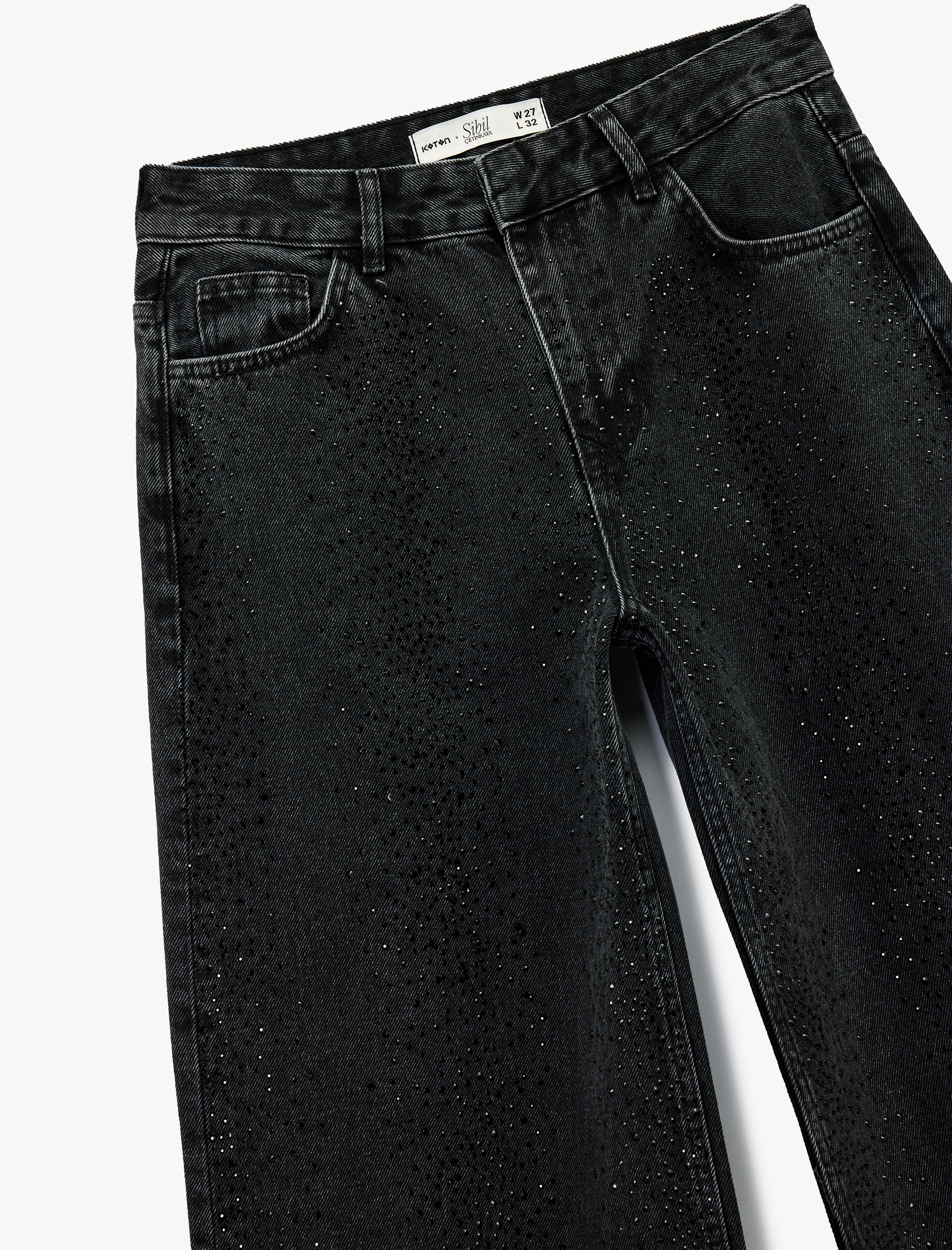 Koton X Sibil Çetinkaya - Taş Detaylı Çıtçıt Düğmeli Bol Paça Jean Pantolon - Loose Straight Fit Jean