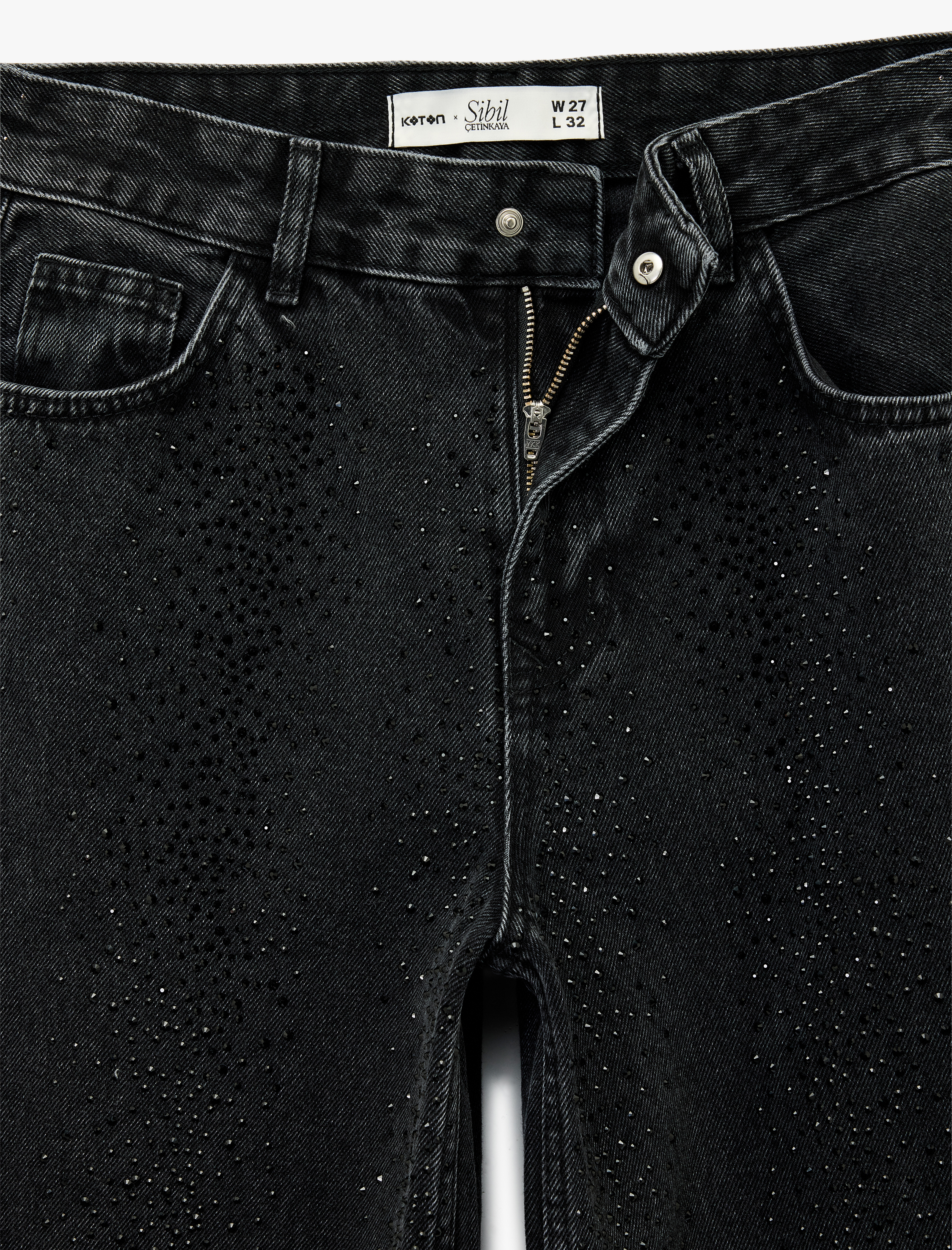 Koton X Sibil Çetinkaya - Taş Detaylı Çıtçıt Düğmeli Bol Paça Jean Pantolon - Loose Straight Fit Jean