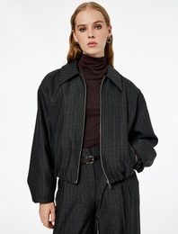 Koton X Melis Ağazat - Uzun Kollu Cepli Fermuarlı Crop Bomber Ceket