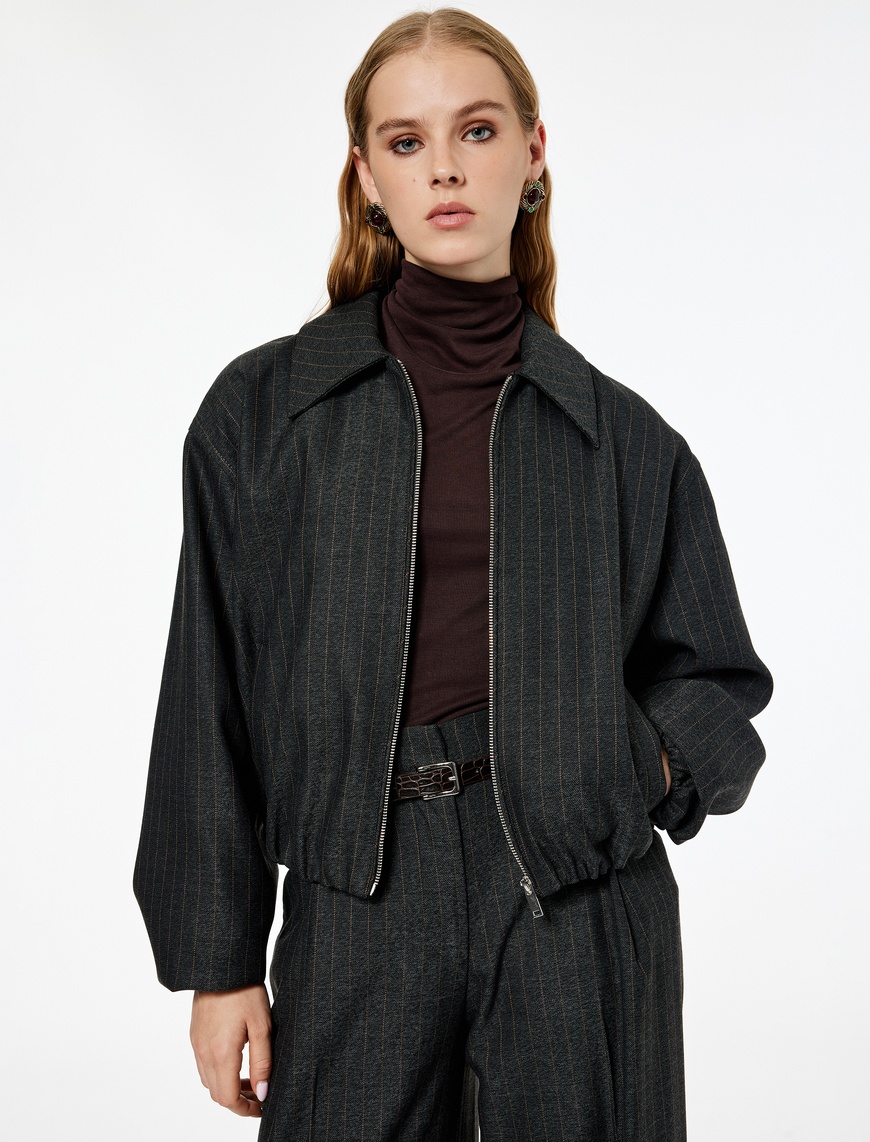   Koton X Melis Ağazat - Uzun Kollu Cepli Fermuarlı Crop Bomber Ceket