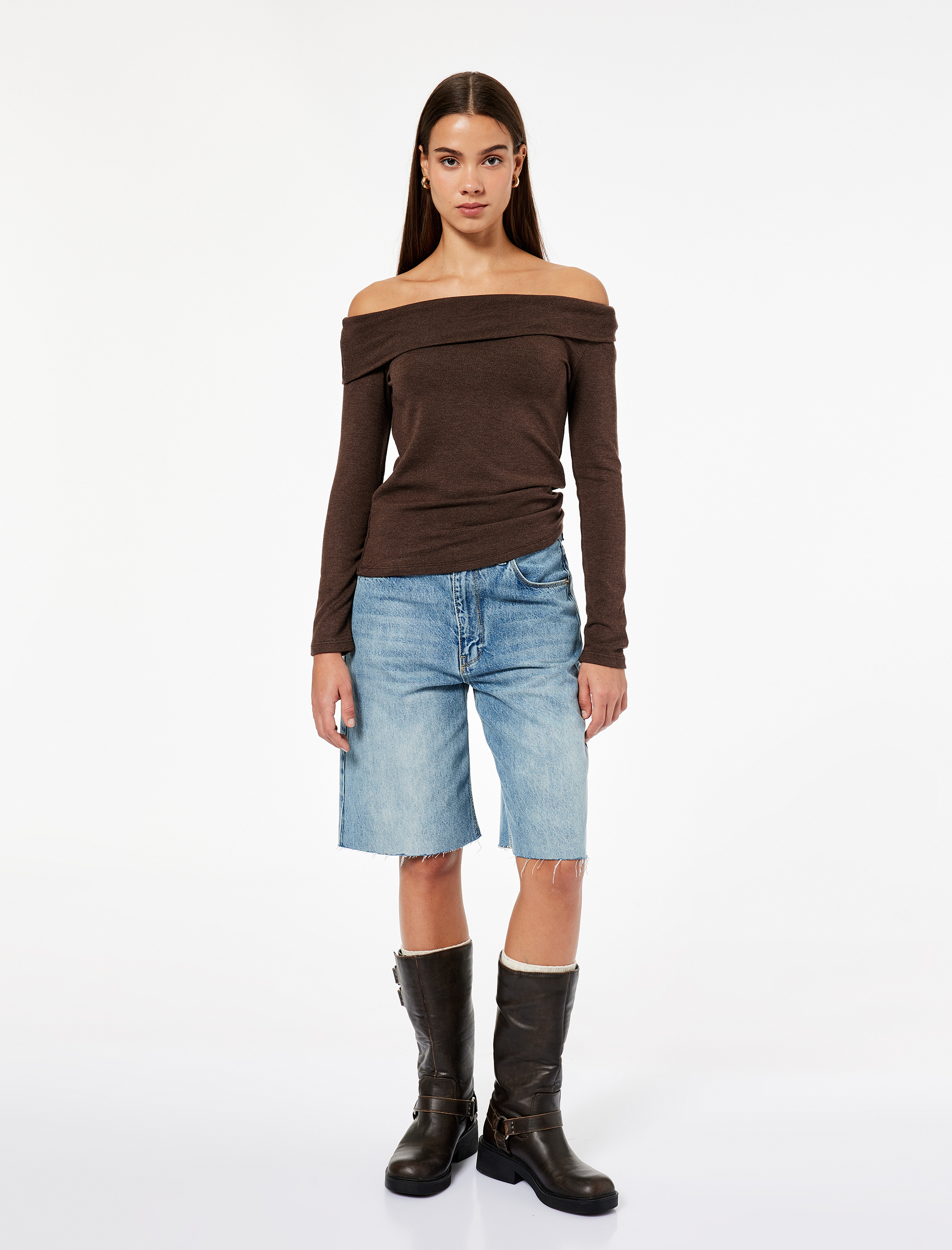   Slim Fit Uzun Kollu Omzu Açık Tişört