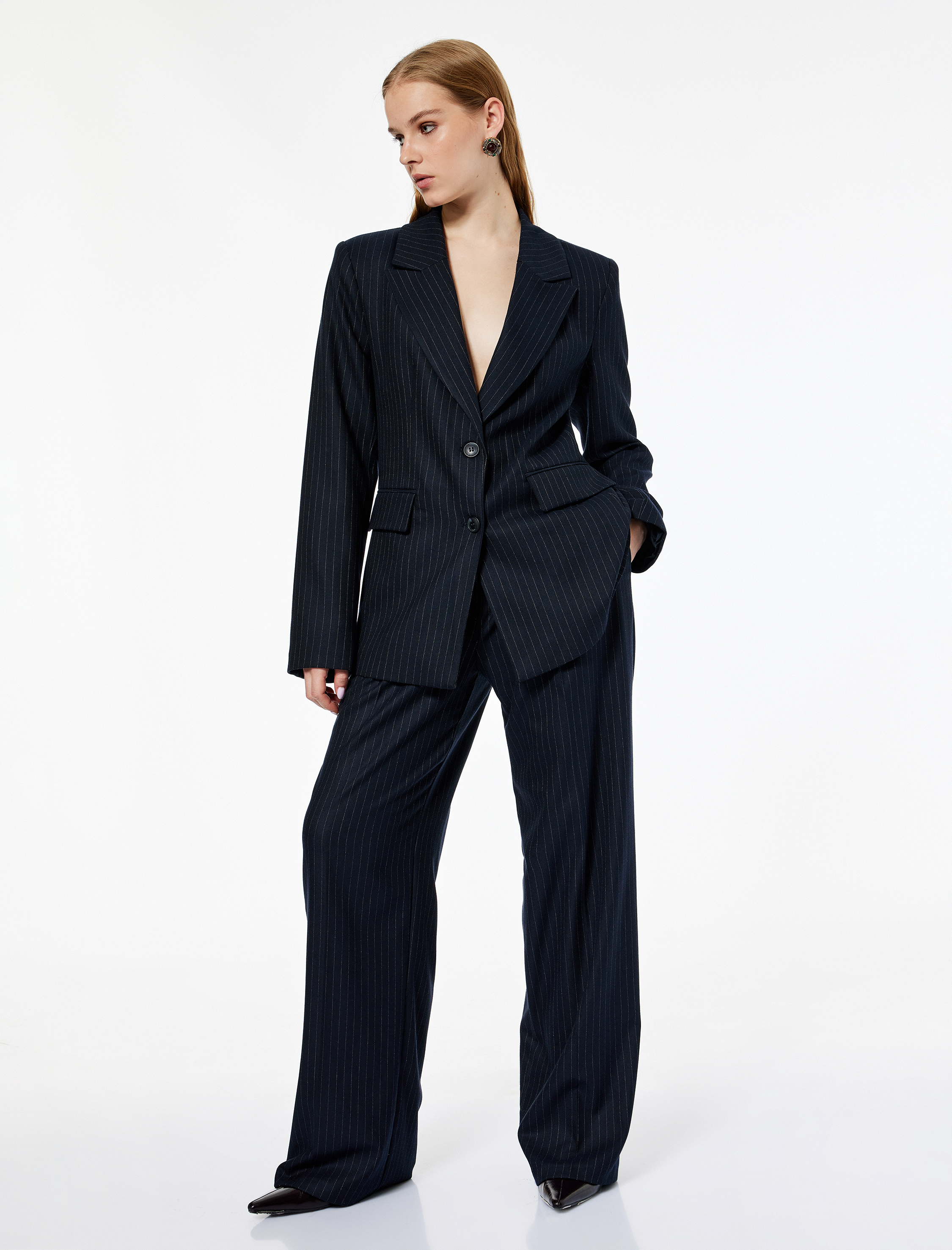   Koton X Melis Ağazat - Uzun Kollu Cepli Çizgili Oversize Blazer Ceket