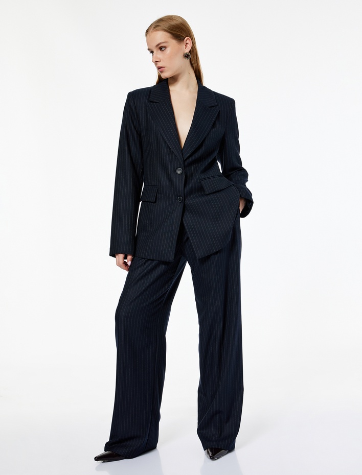  Koton X Melis Ağazat - Uzun Kollu Cepli Çizgili Oversize Blazer Ceket