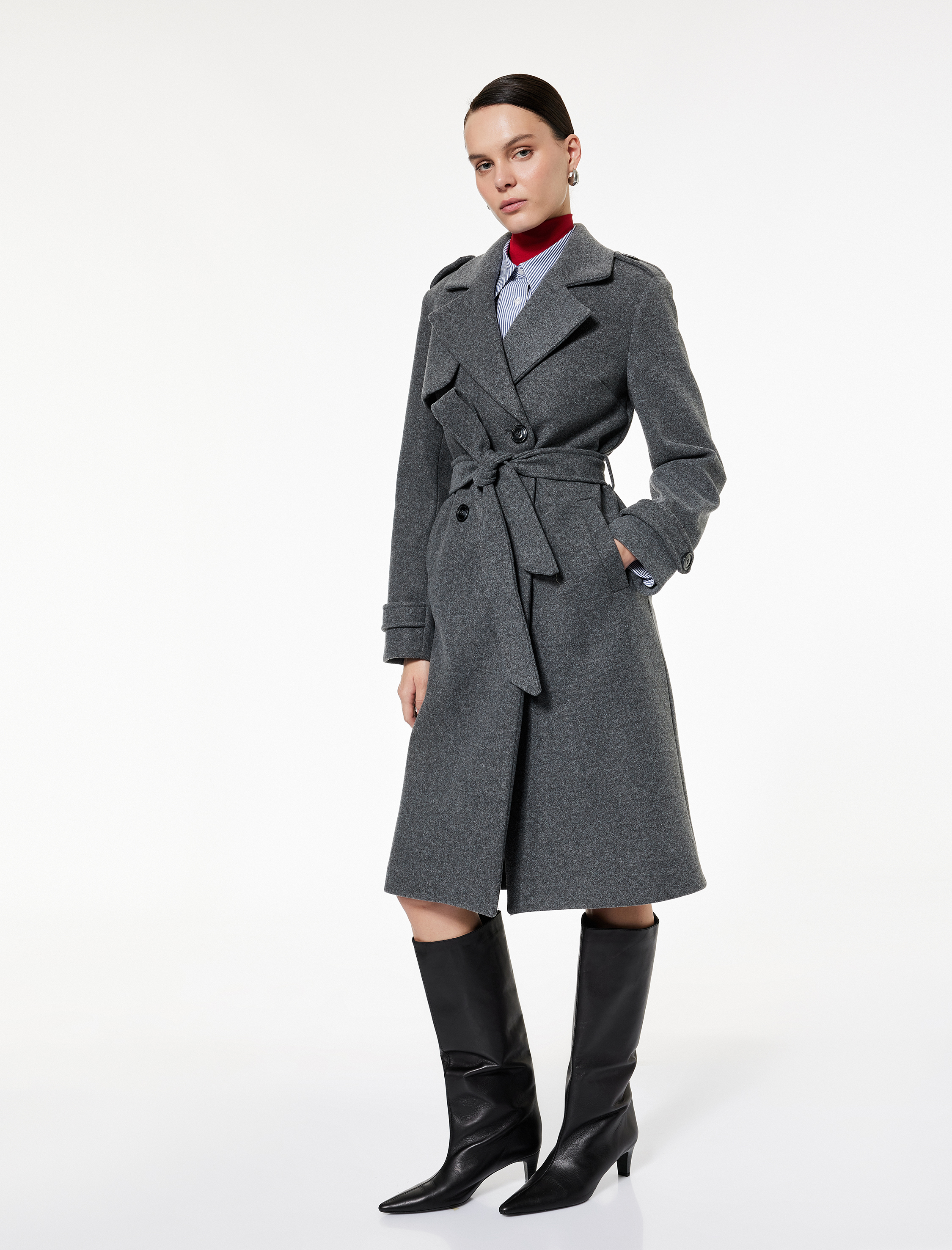   Trenç Kaban Kaşe Cepli Kemerli Kruvaze Uzun Kollu