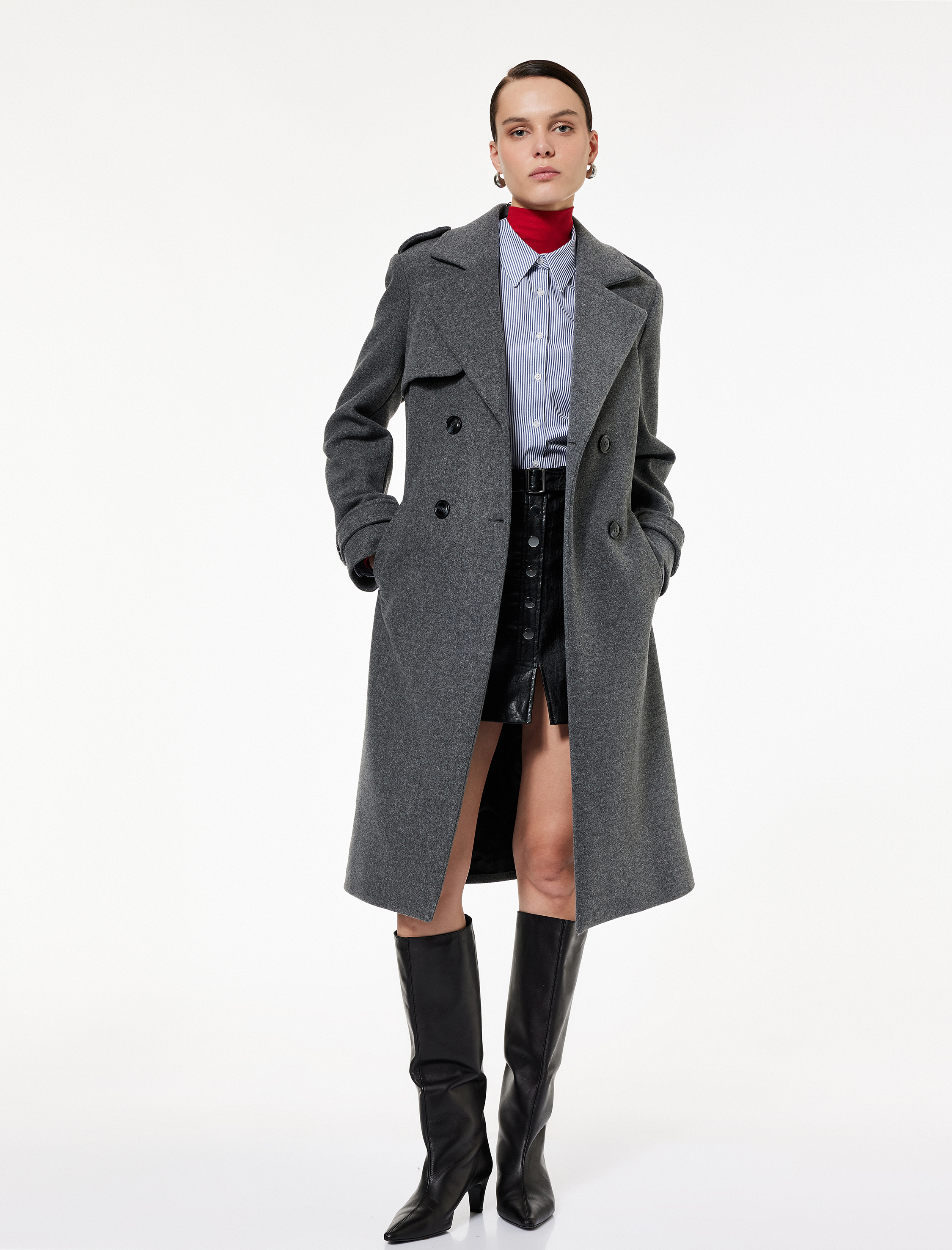   Trenç Kaban Kaşe Cepli Kemerli Kruvaze Uzun Kollu