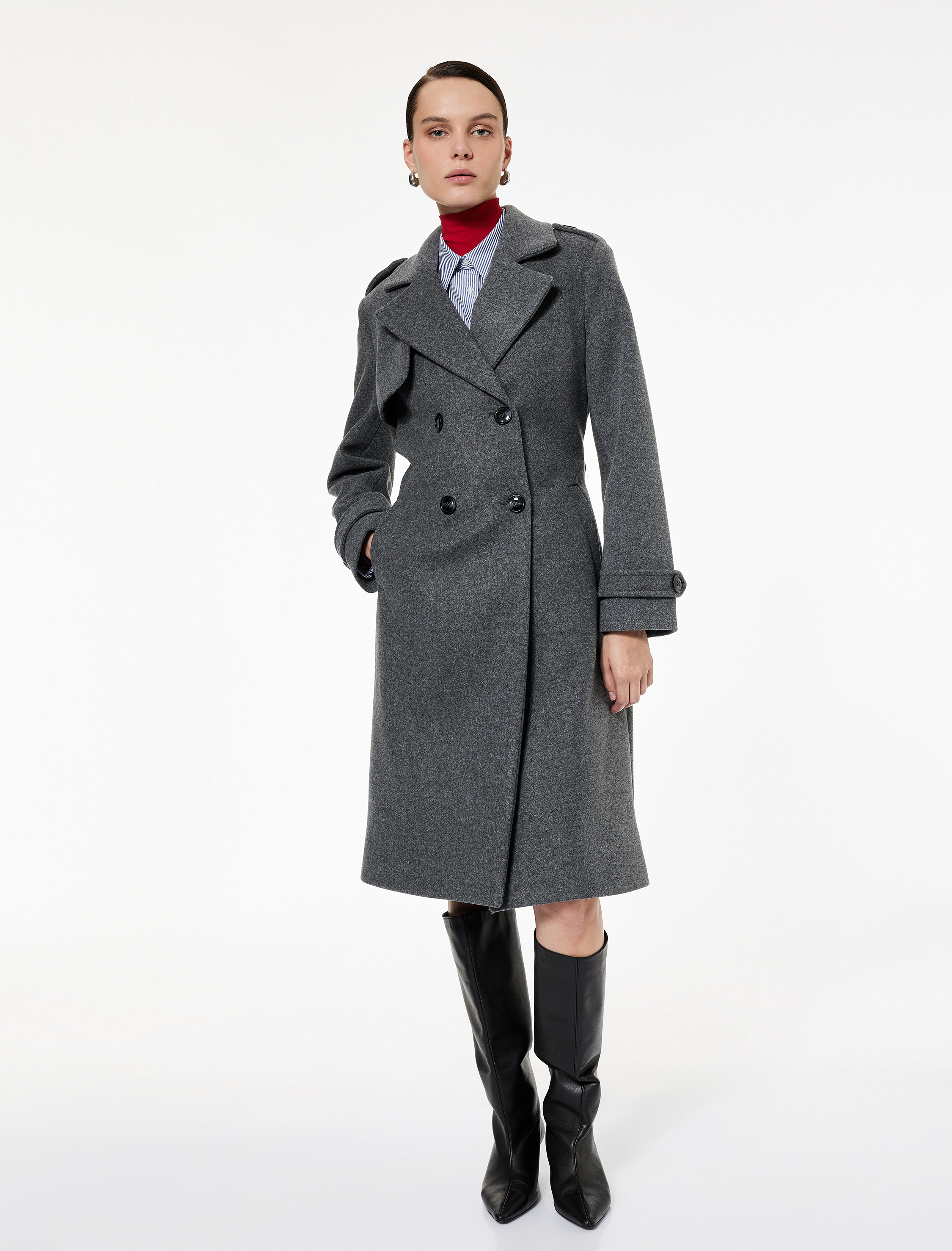   Trenç Kaban Kaşe Cepli Kemerli Kruvaze Uzun Kollu