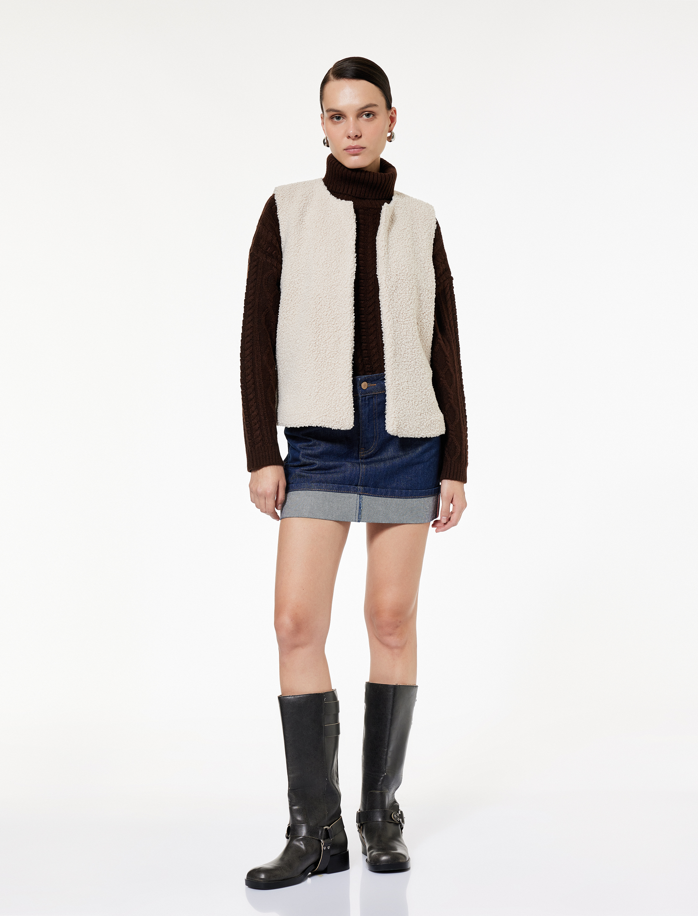   Bisiklet Yaka Crop Peluş Yelek