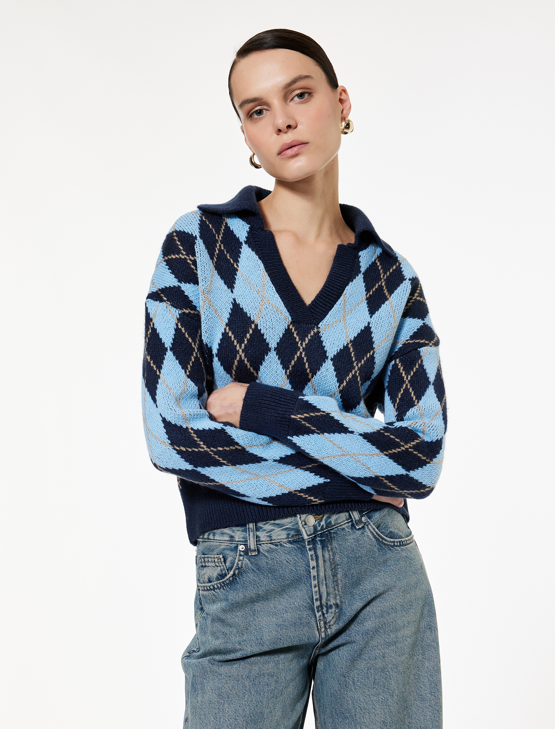   Uzun Kollu Baklava Desenli Polo Yaka Triko Oversize Kazak