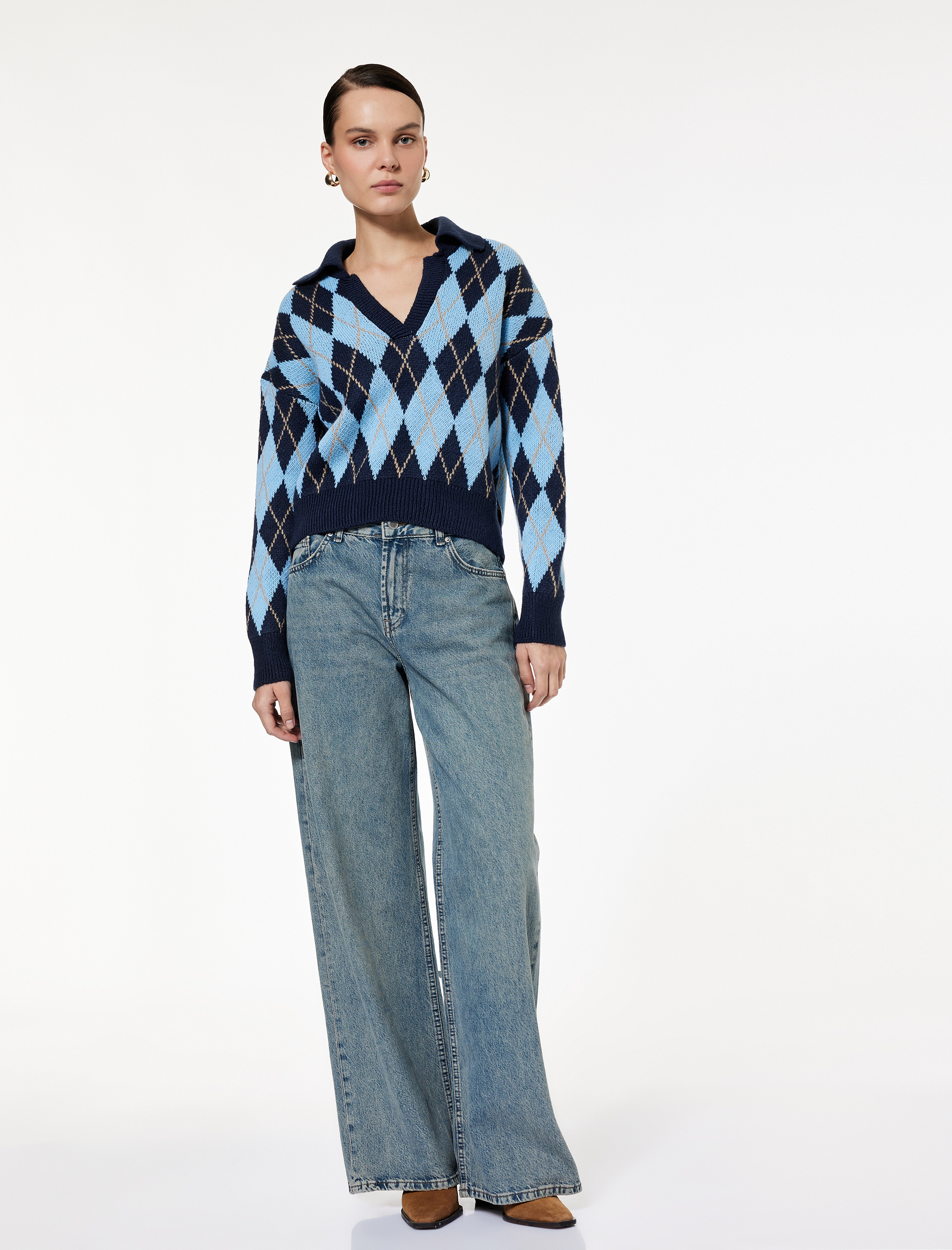   Uzun Kollu Baklava Desenli Polo Yaka Triko Oversize Kazak