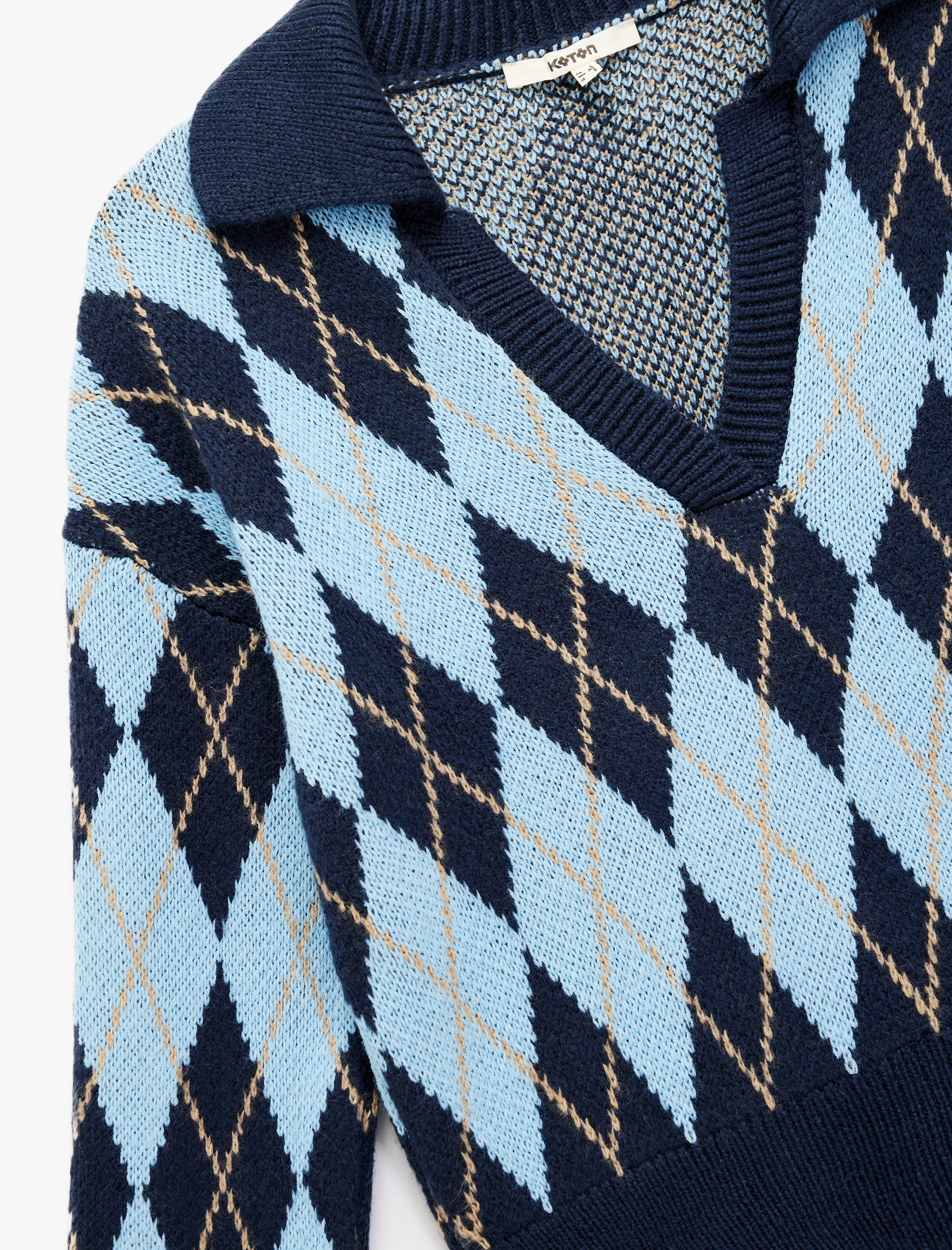   Uzun Kollu Baklava Desenli Polo Yaka Triko Oversize Kazak