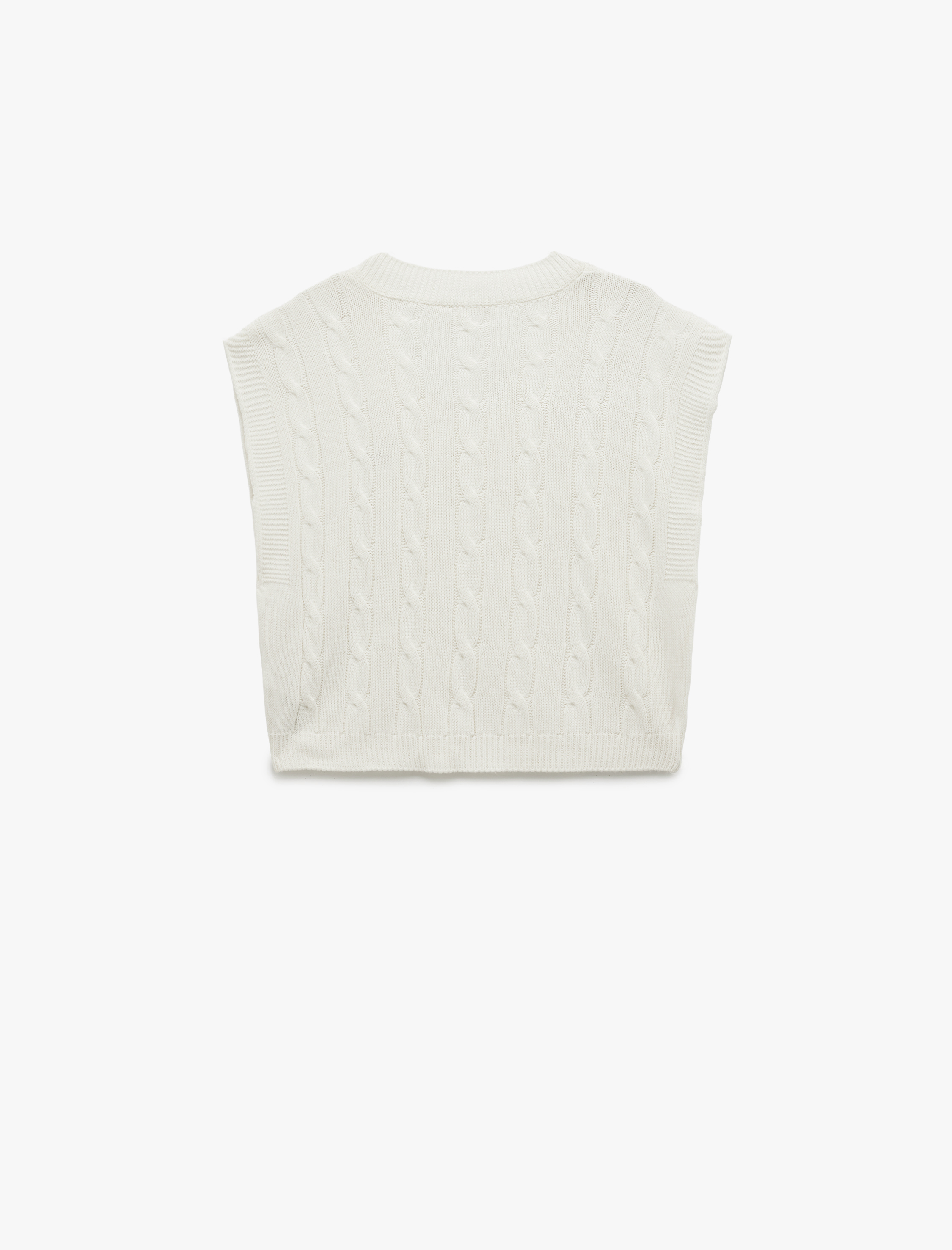   Ayıcık Nakış Detaylı Kolsuz V Yaka Saç Örgü Süveter