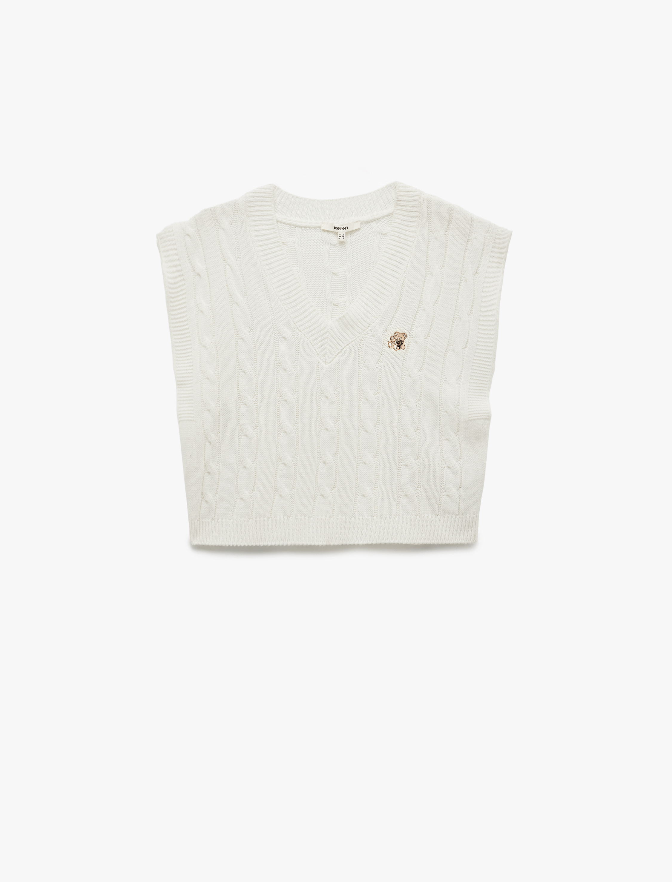   Ayıcık Nakış Detaylı Kolsuz V Yaka Saç Örgü Süveter